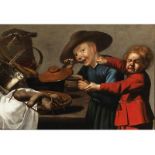 Maler der holländischen Schule, um 1610Zwei um Brei kämpfende Kinder Öl auf Holz. 63 x 89 cm.