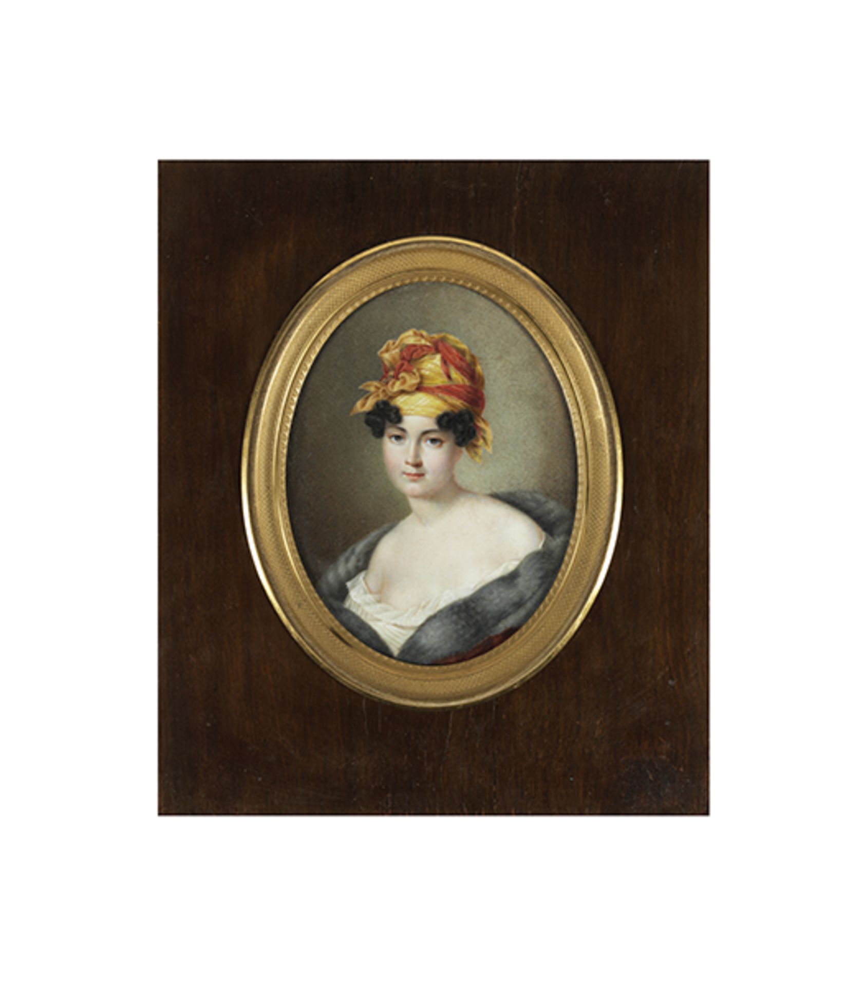 Feine Miniatur einer Dame Sichtmaß: 14 x 10,8 cm im Oval. Rahmenmaß: 24,2 x 20,5 cm. Frankreich, - Image 2 of 4