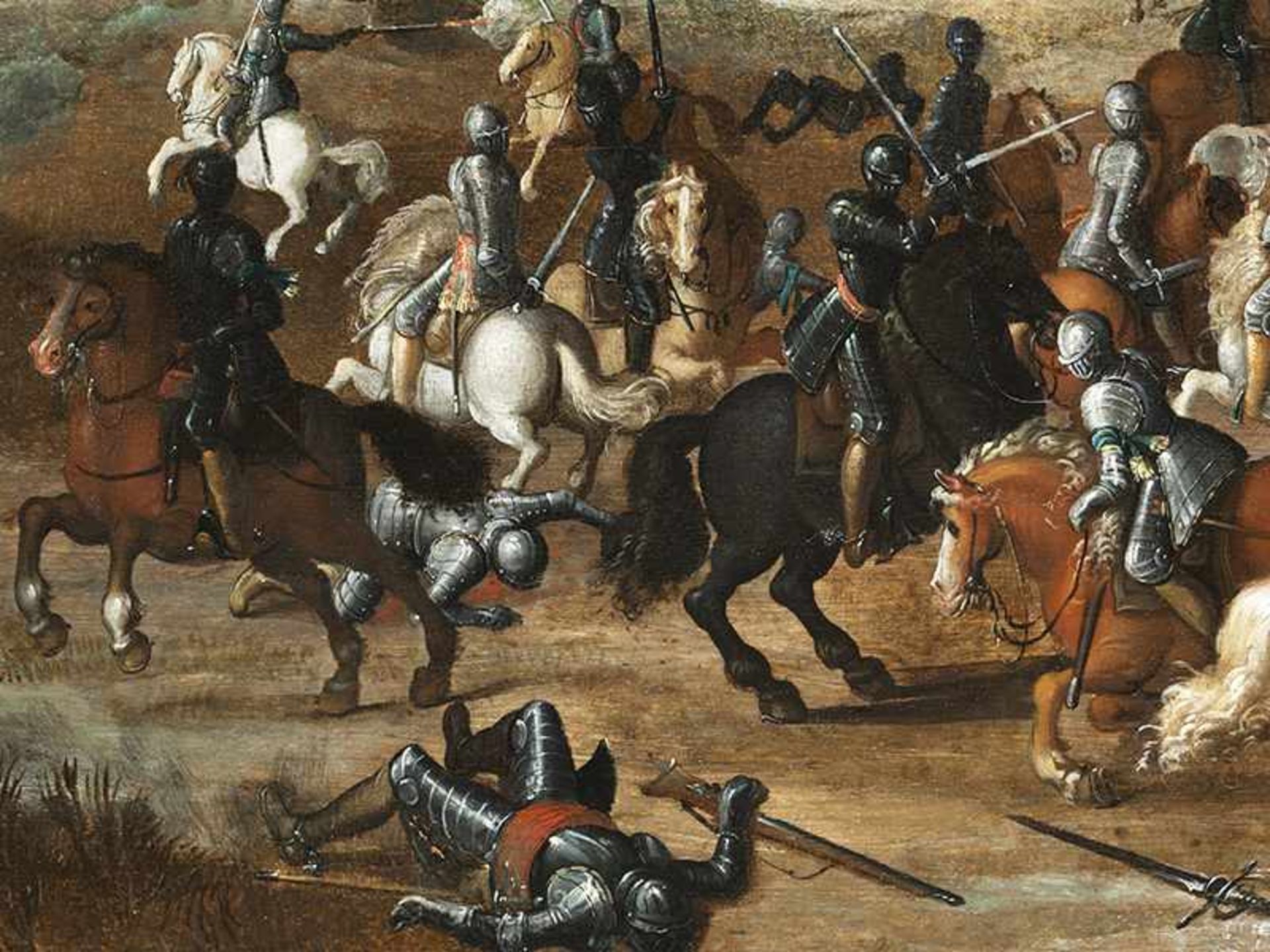 Sebastian Vrancx, 1573 Antwerpen "" 1647, zug. DIE SCHLACHT VON LECKERBEETJE Öl auf Holz, - Bild 3 aus 8