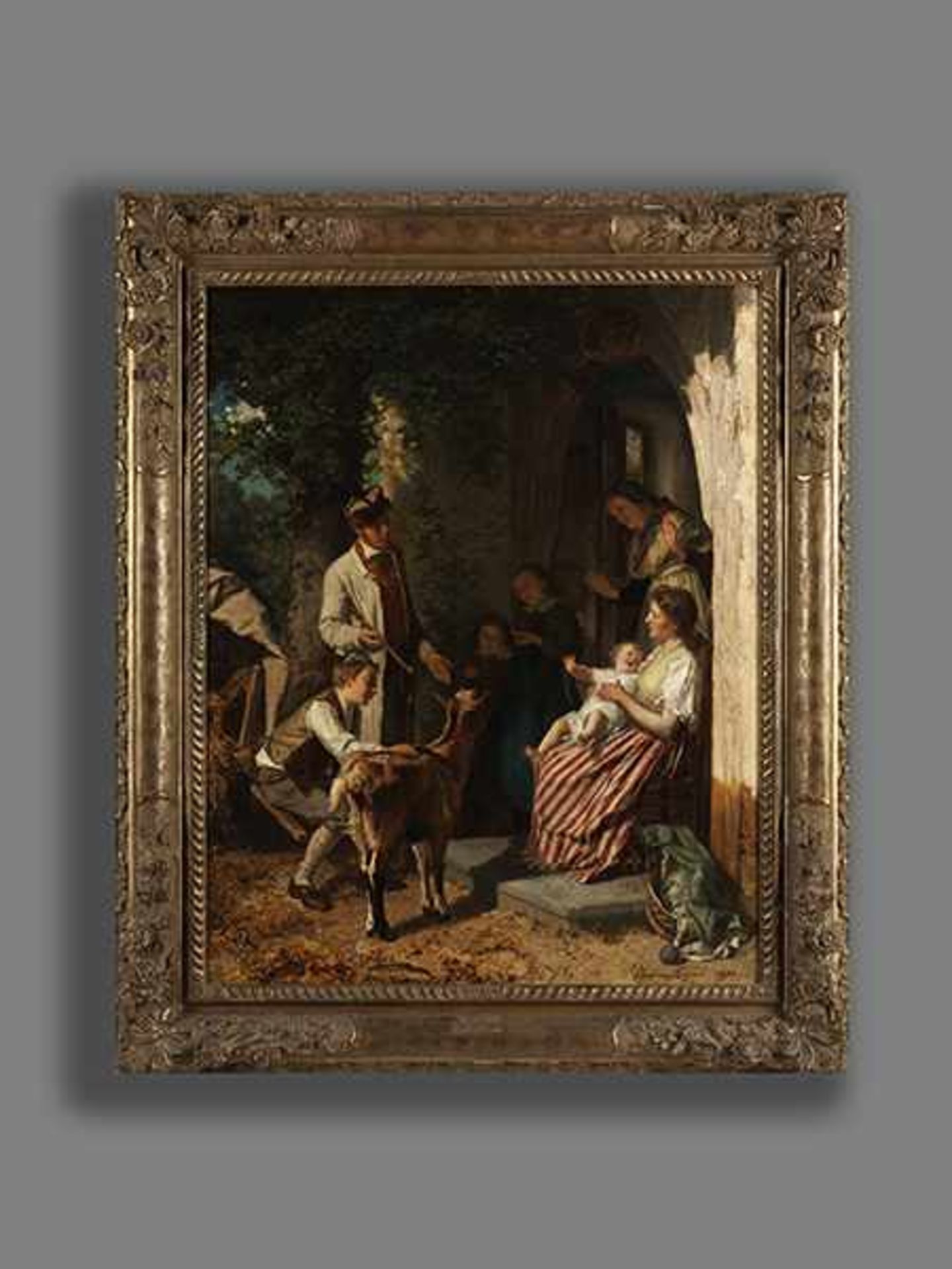 Théodore Gerard, 1829 Gent "" 1895 Laeken/ Brüssel BÄUERLICHE FAMILIE MIT ZURÜCKGEKEHRTER ZIEGE Öl - Bild 5 aus 7