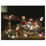 Jan van Kessel d.J., 1654 Antwerpen "" 1708 Madrid BLUMENSTILLLEBEN MIT TAZZA, KORB, KRANZ UND