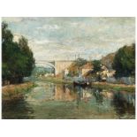 Léo Gausson, 1860 Lagny-sur-Marne "" 1944 ebenda FLUßLANDSCHAFT MIT BRÜCKE Öl auf Leinwand. 38 x