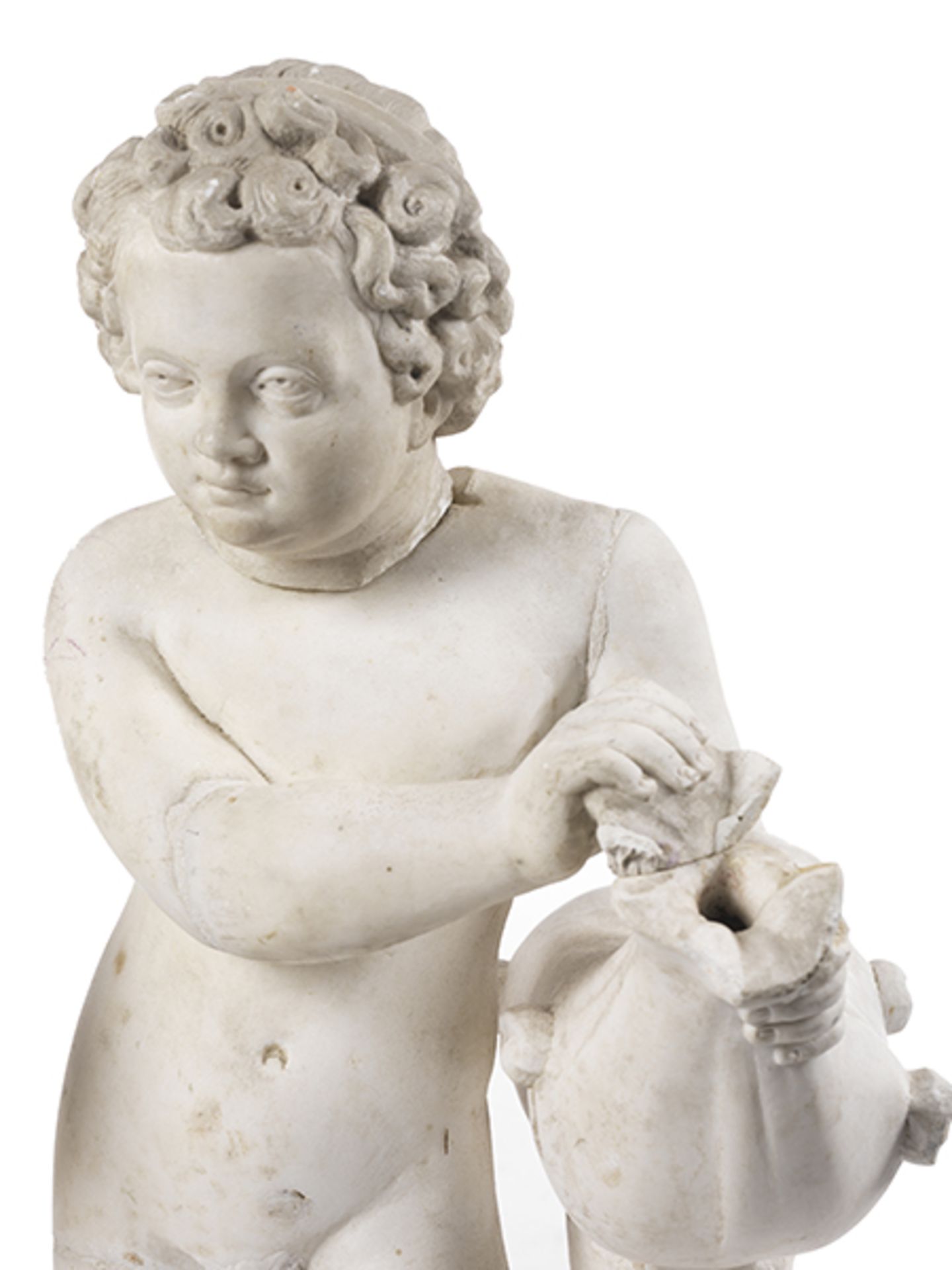Paar in Marmor gemeisselte Putten Höhe je: 75 cm. Italien, 18. Jahrhundert. Durch ihre Attribute als - Image 3 of 6
