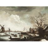 Gerrit Battem, 1636 Rotterdam "" 1684 ebenda, Umkreis WINTERLICHE FLUSSLANDSCHAFT Öl auf Leinwand.