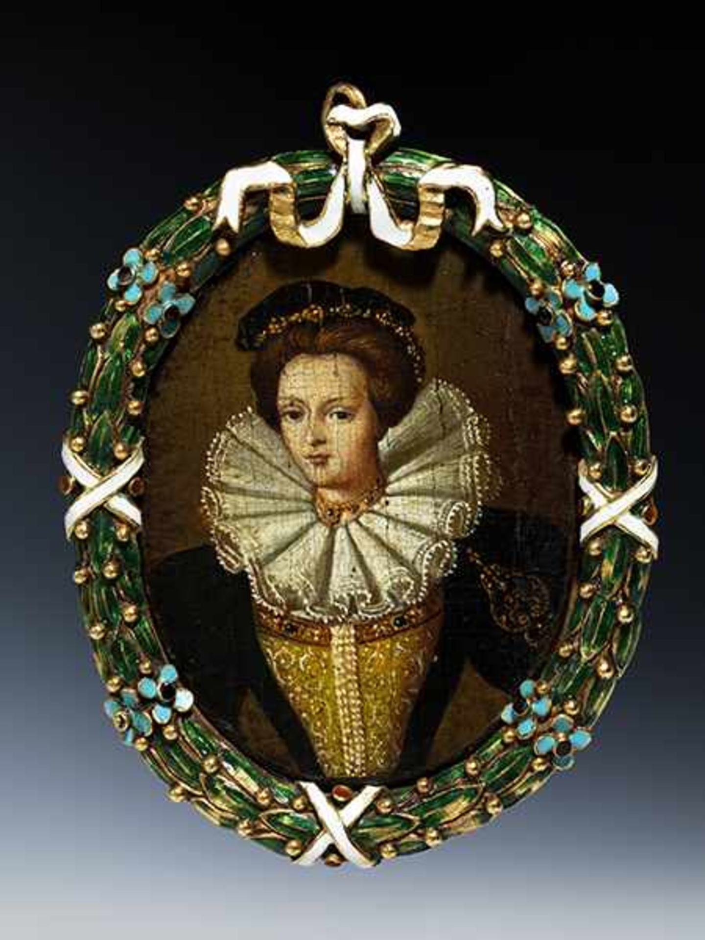 Ferdinando de' Medici, dat. 1610Musealer Miniatur-Portraitrahmen in Gold, emailliert mit eingelegtem