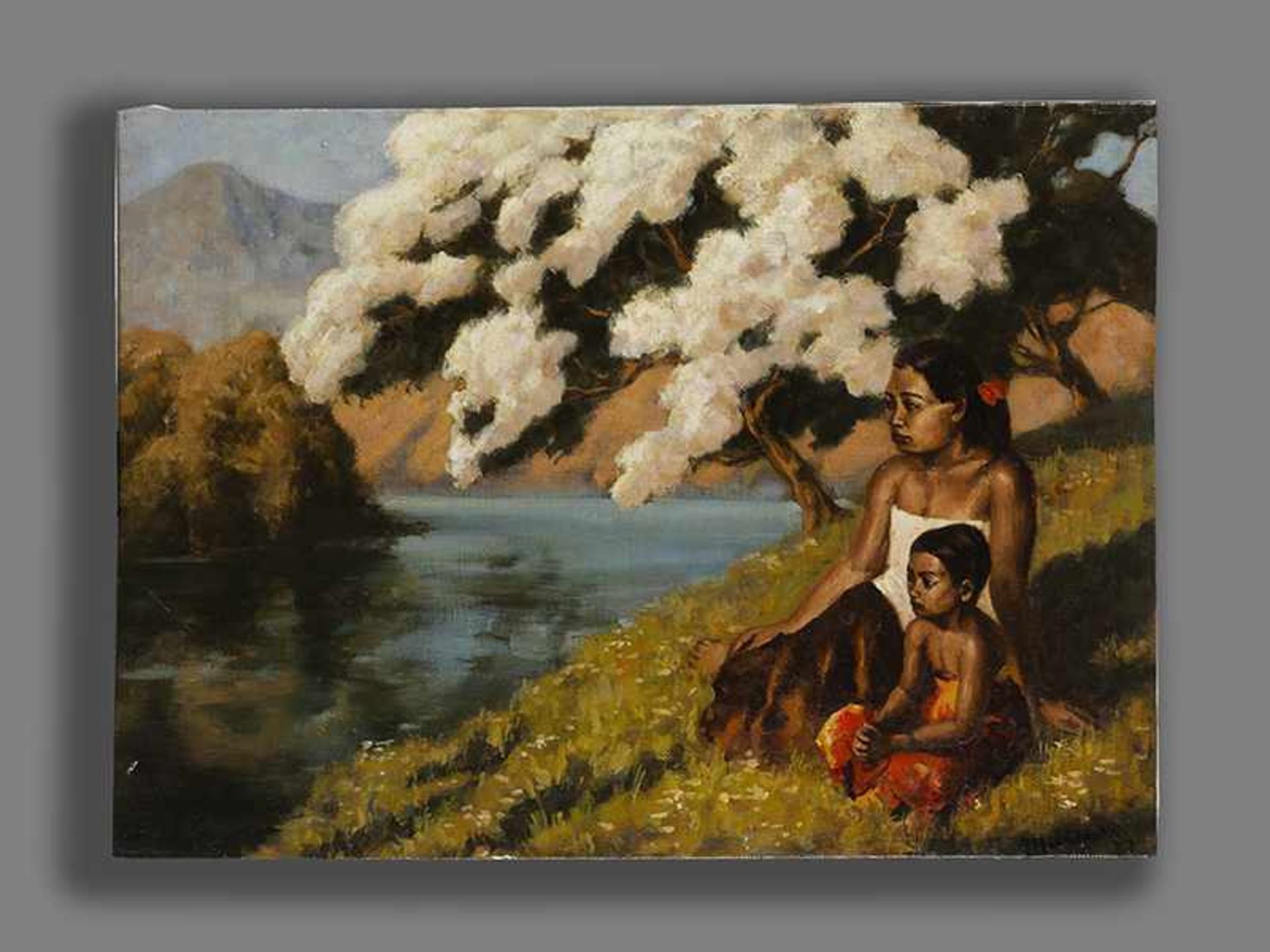 Maler des 20. Jahrhunderts BALINESISCHE FRAU MIT KIND AN EINEM FLUSSUFER Öl auf Leinwand. 48 x 67 - Bild 3 aus 5
