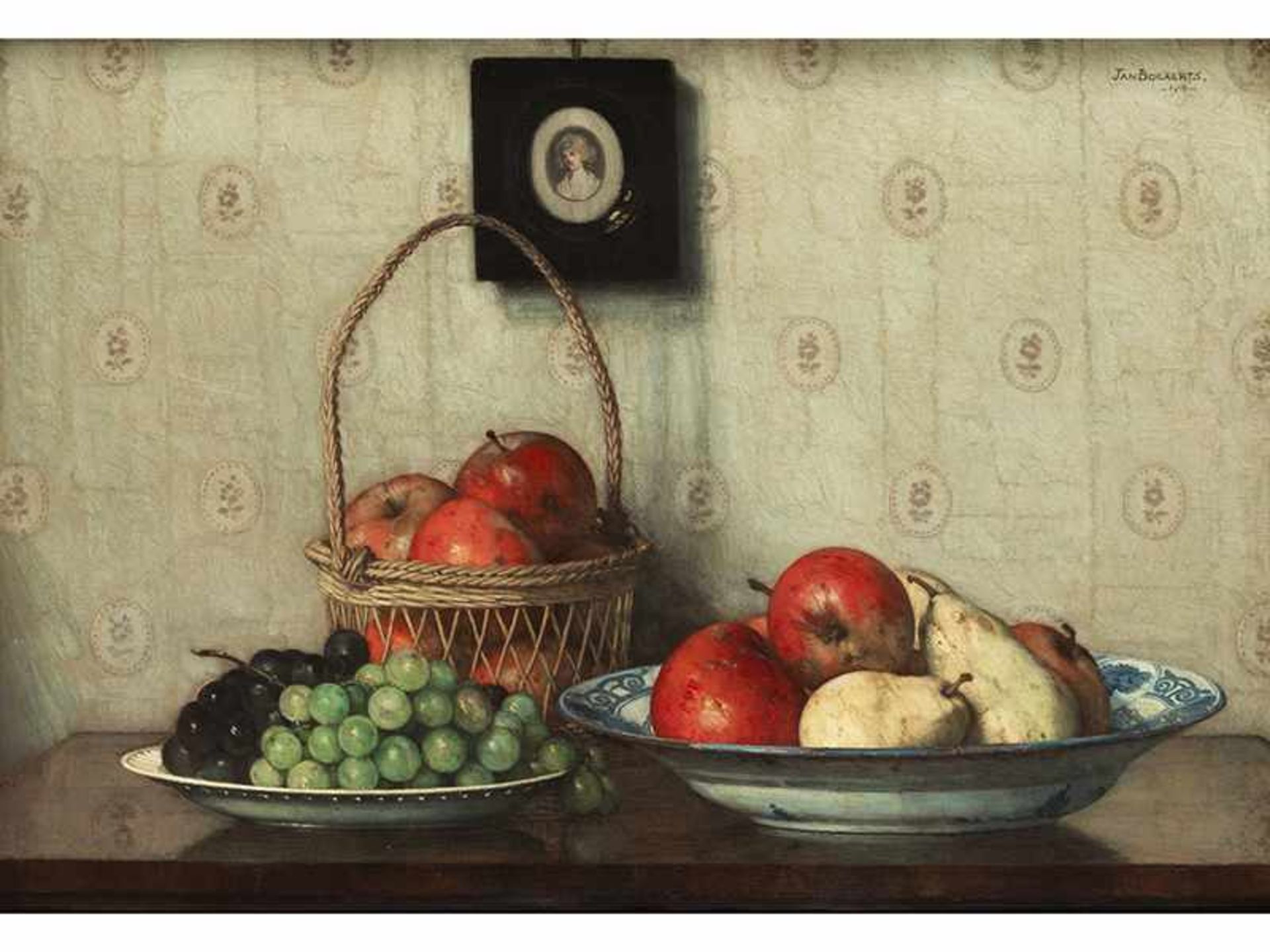 Jan Bogaerts, 1878 "" 1962 FRÜCHTESTILLLEBEN MIT MINIATURBILDNIS Öl auf Leinwand. Doubliert. 50 x 71