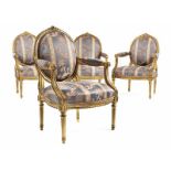 Satz von vier Louis XVI-Fauteuils Lehnenhöhe: 99 cm. Sitzhöhe: 44 cm. Frankreich, um 1780. Holz,