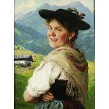 Emil Rau, 1858 Dresden "" 1937 München MÄDCHEN IN TRACHT Öl auf Karton. 45 x 37,5 cm. Links unten