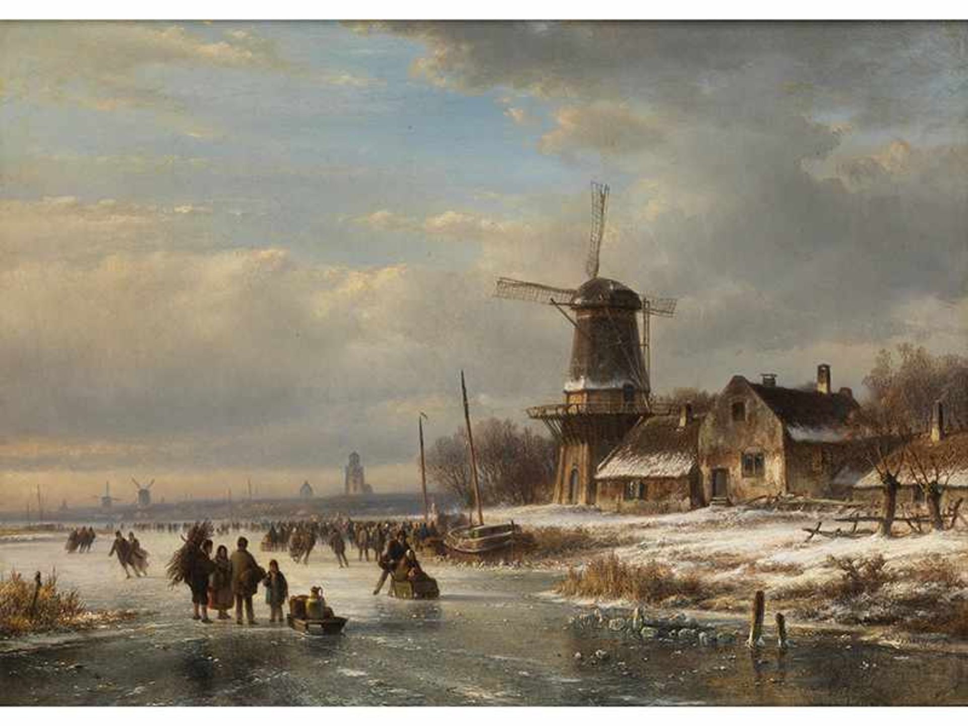 Lodewijk Johannes Kleyn, 1817 "" 1897 Den Haag WINTERLICHES EISVERGNÜGEN MIT WINDMÜHLEN Öl auf