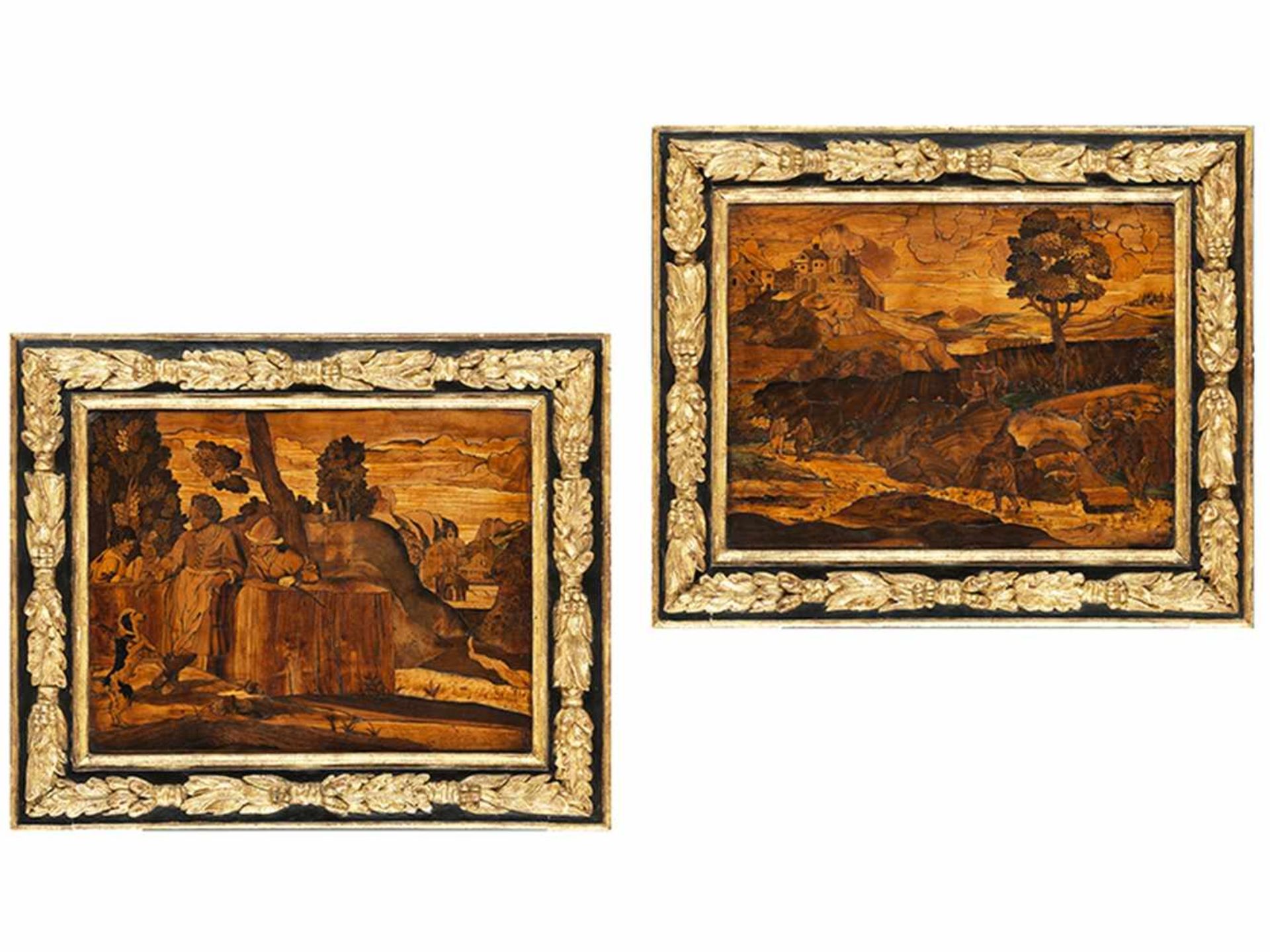 Zwei Intarsientafeln30,5 x 39 cm. Inkl. Rahmen: 44 x 52,5 cm. Nürnberg, 17. Jahrhundert. Auf - Bild 7 aus 7