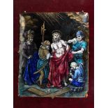 Limoges-Plakette 23 x 19 cm. Maße der Samtplatte: 32,5 x 25 cm. Limoges, 19. Jahrhundert. Kupfer,