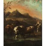 Johann Heinrich Roos, 1631 "" 1685, Umkreis PASTORALE LANDSCHAFT MIT KÜHEN Öl auf Leinwand. 42 x