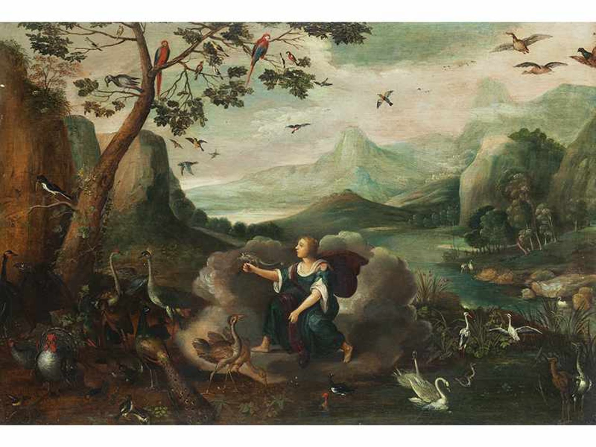 Flämischer Maler des 17. Jahrhunderts ALLEGORIE DER LUFT Öl auf Holz. Parkettiert. 36 x 52 cm. In