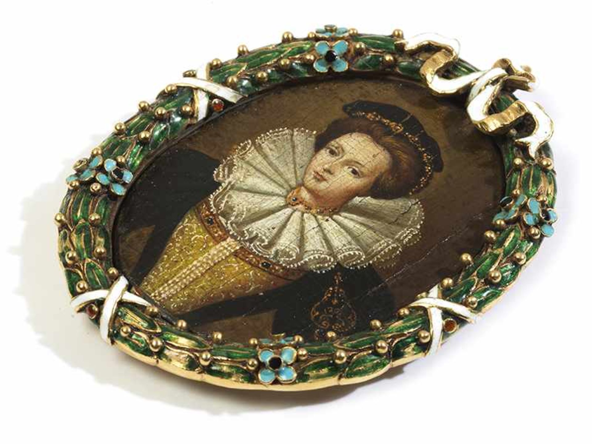 Ferdinando de' Medici, dat. 1610Musealer Miniatur-Portraitrahmen in Gold, emailliert mit eingelegtem - Bild 3 aus 7