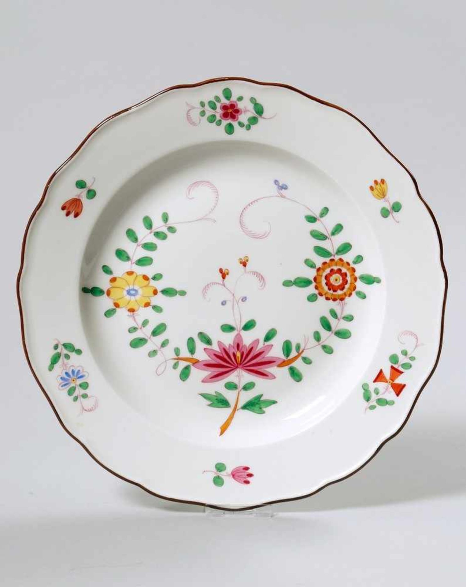 Teller, Meissen, um 1900, Dekor indisch bunt, brauner Rand, Schwertermarke, 2 Schleifstriche