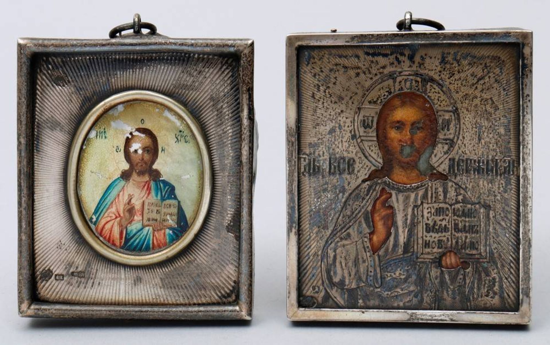 2 Miniature-Icons with OkladChristus Pantokrator, painted on mother of pearl/lead, silver 84