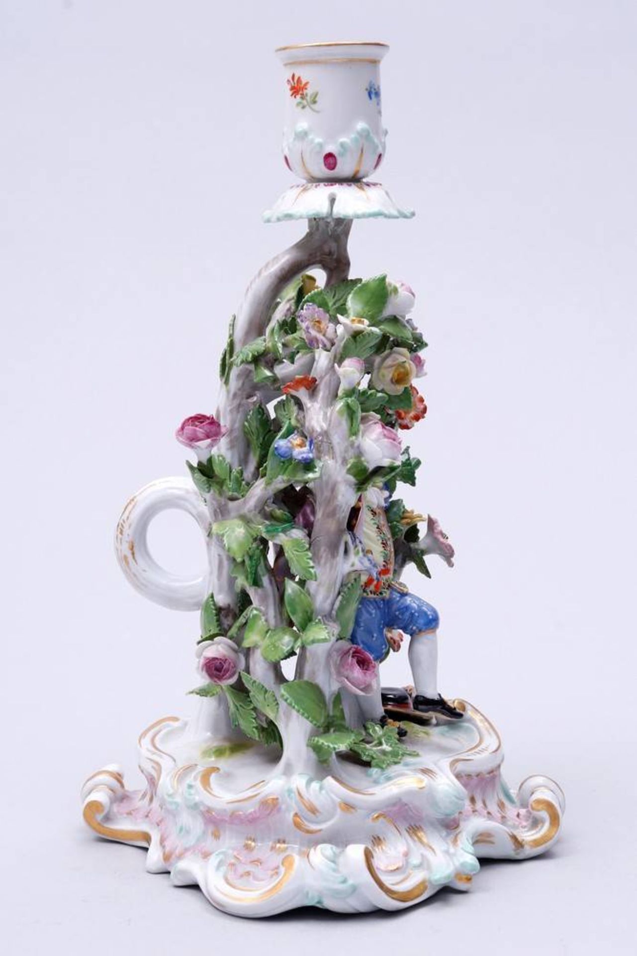 Figural Candlestick Meissen, ca. 1900, dancing man between flowering shrubs, porcelain, painted in - Bild 3 aus 7