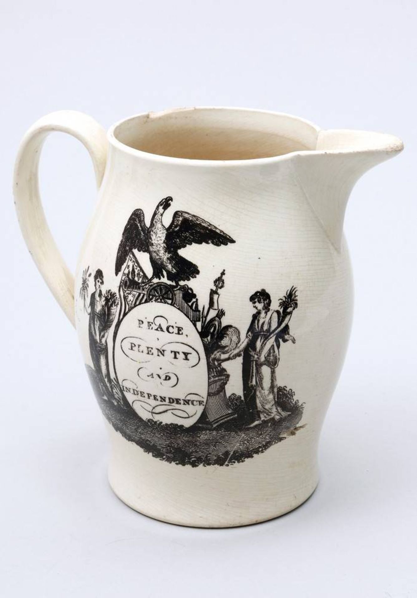 Liverpool Jug Herculaneum Pottery, ca. 1800, marked on the side "Peace, Plenty and Independence" and