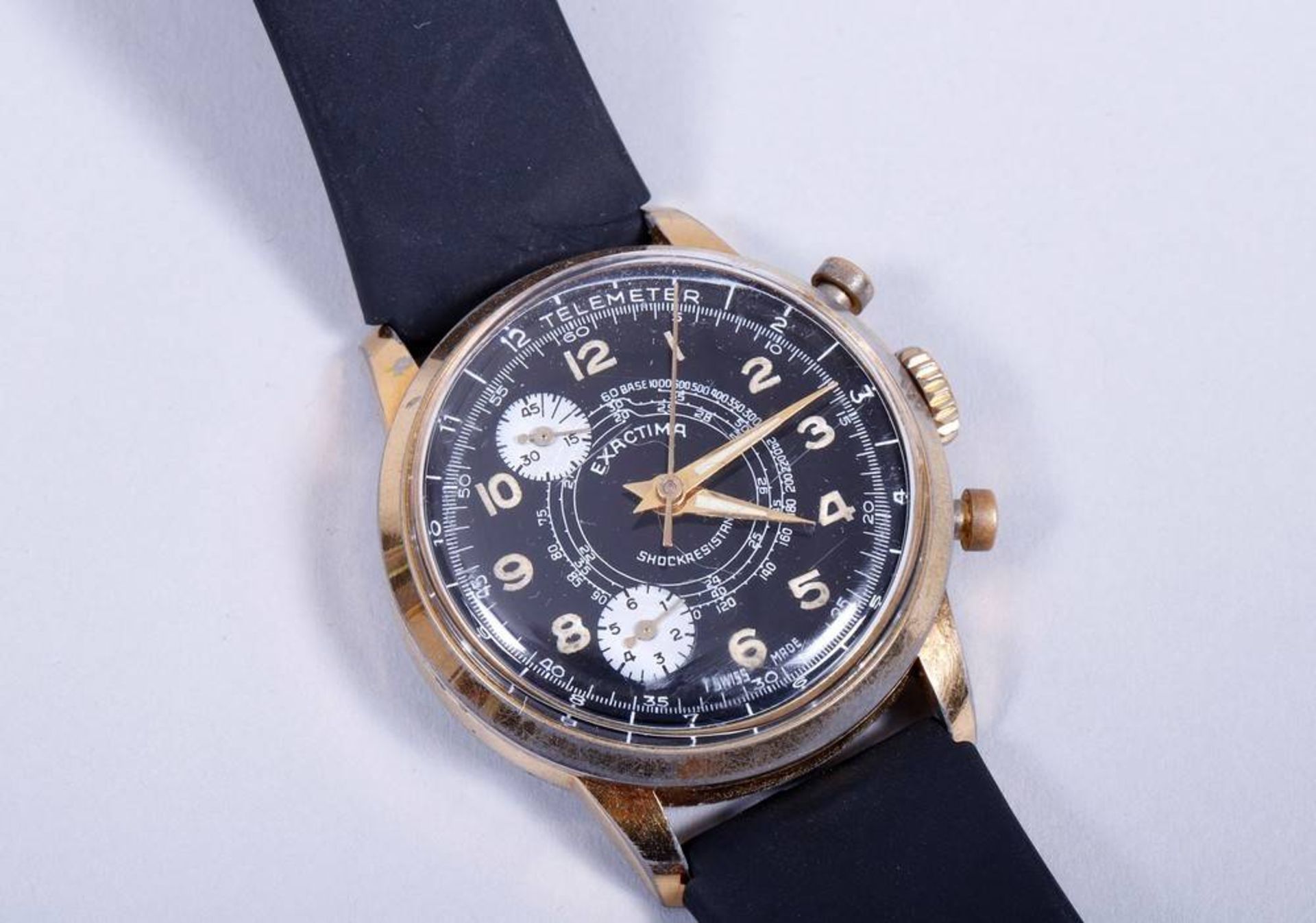 Gents Wristwatch Exactima, switzerland, ca. 1960, black face with luminous arabic numerals, - Bild 4 aus 5