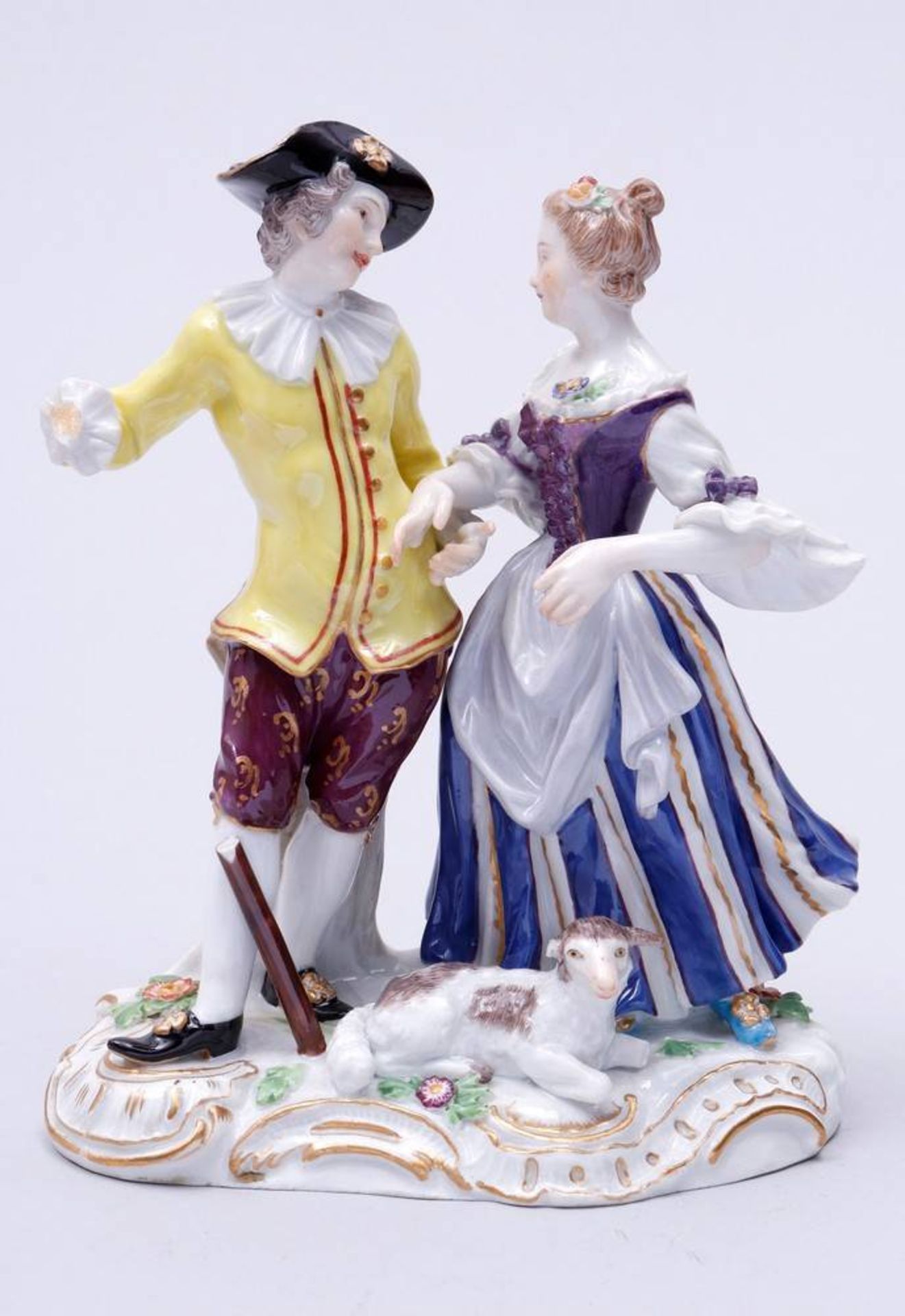 Shepherds Meissen, ca. 1900, design Johann Joachim Kaendler, standing couple with Sheep,