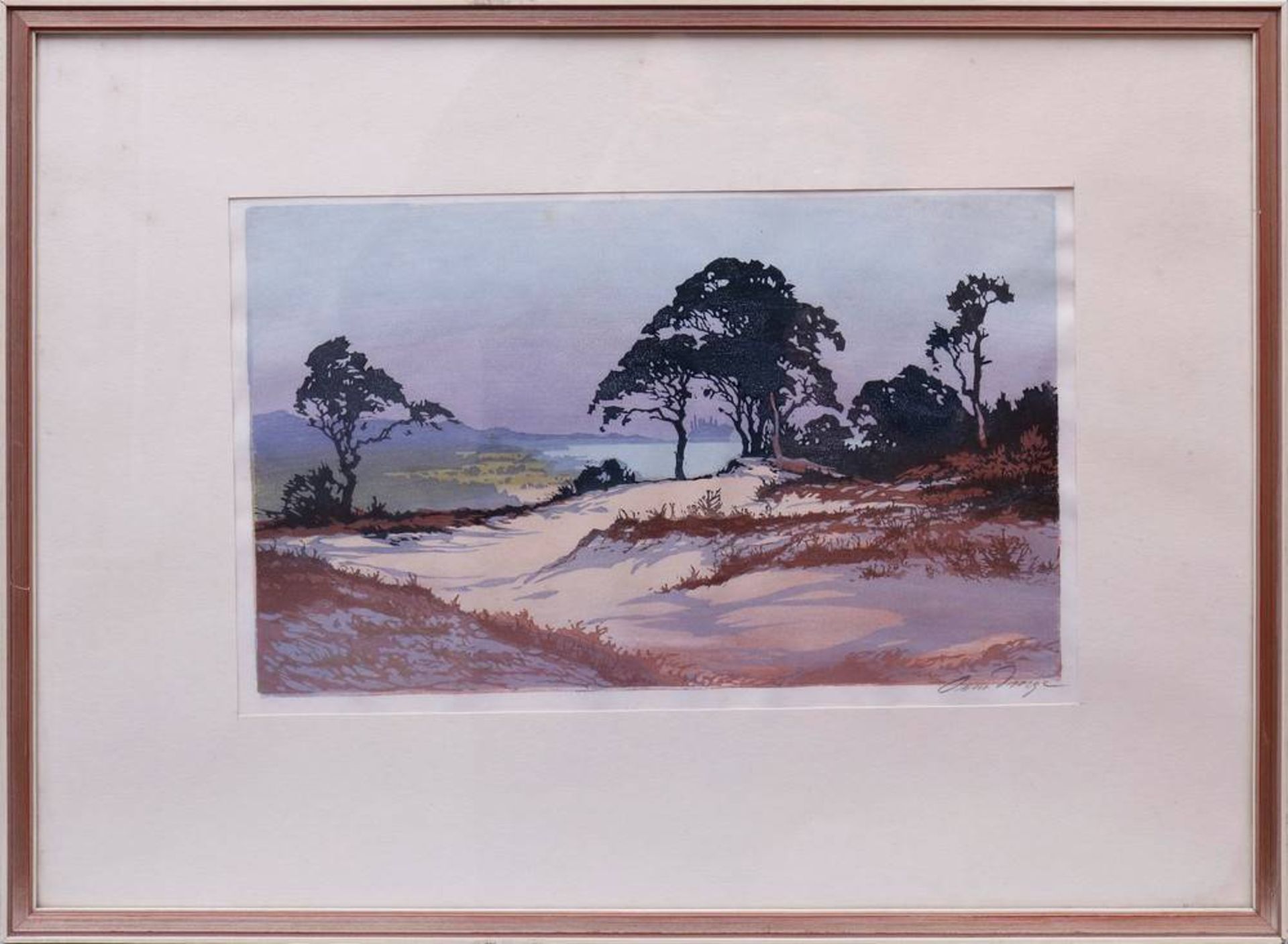 Oskar Droege (1898, Hamburg - 1983, ibid)landscape in Rissen heath, Hamburg, woodcut in colours,