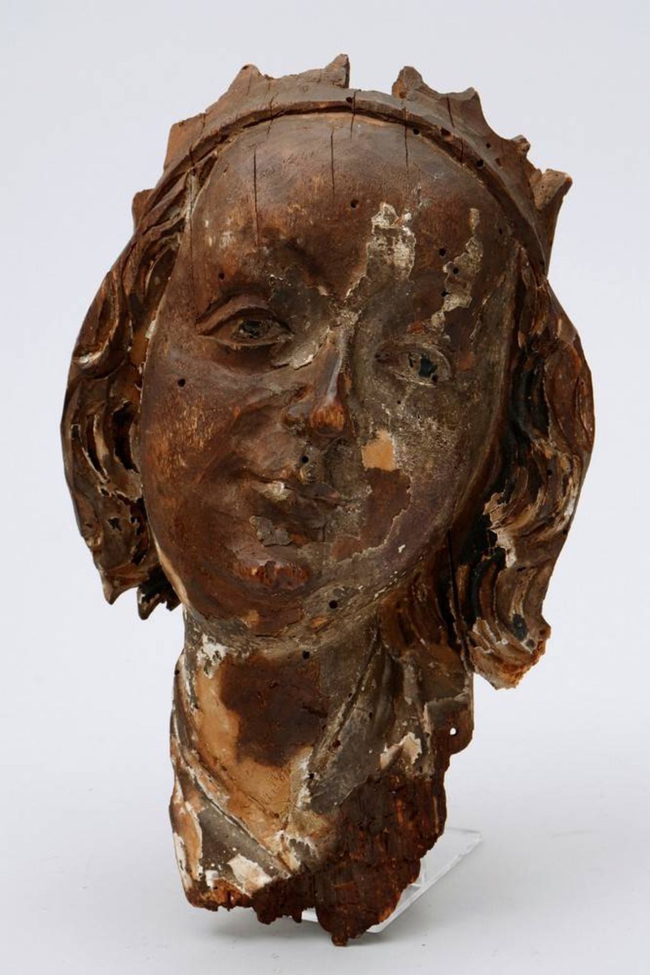 Mater Dolorosaposs. south german, 17th C., carved wood, painted in colours, head fragment, H 23cm,