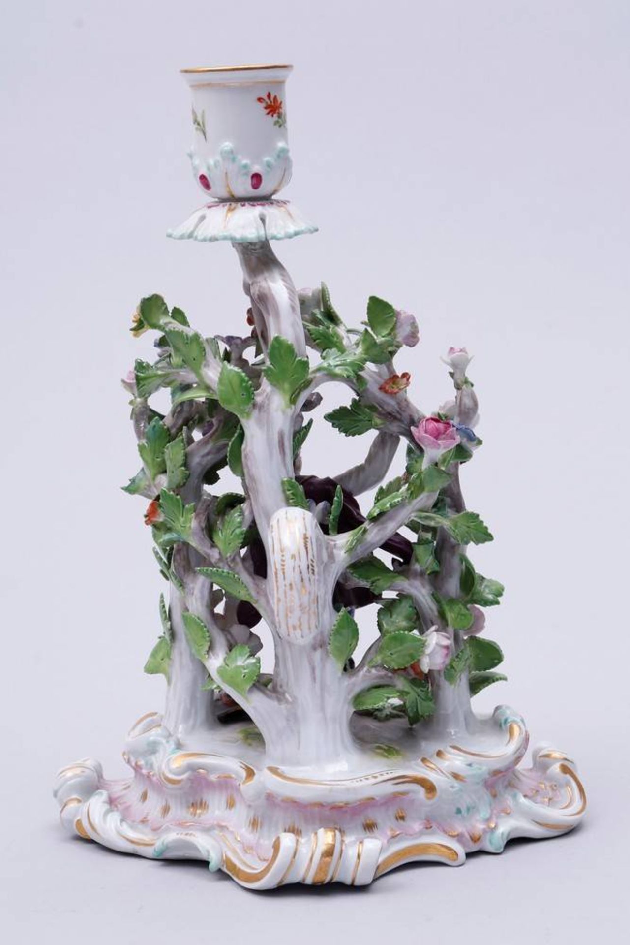 Figural Candlestick Meissen, ca. 1900, dancing man between flowering shrubs, porcelain, painted in - Bild 4 aus 7