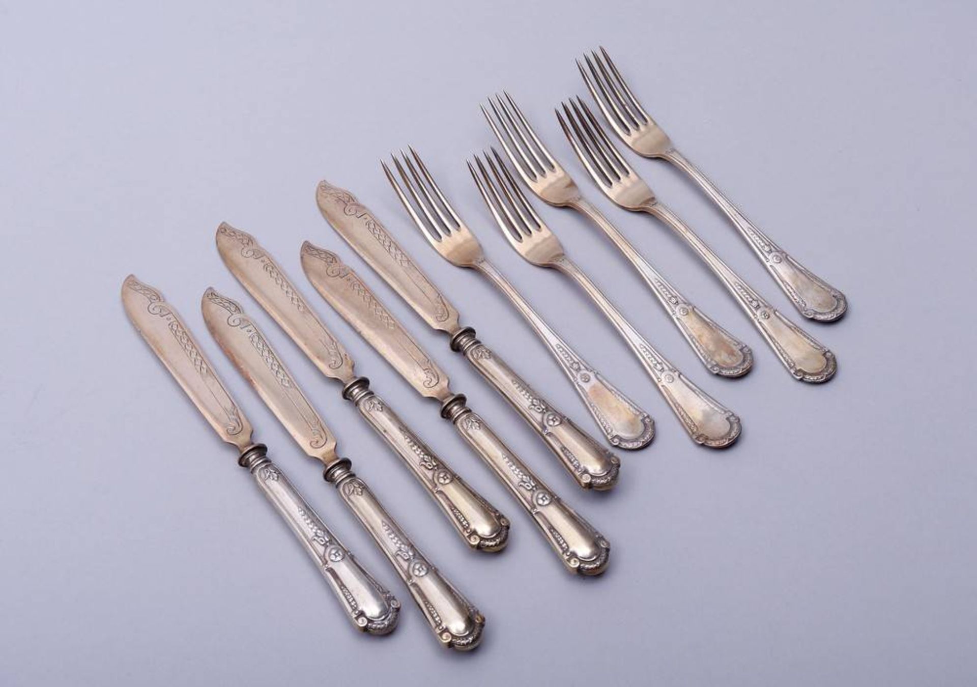 Dessert Cuttlery Set silver, 800, Eugen Marcus, court juwellier, Berlin, ca. 1900, 5 knives and 5