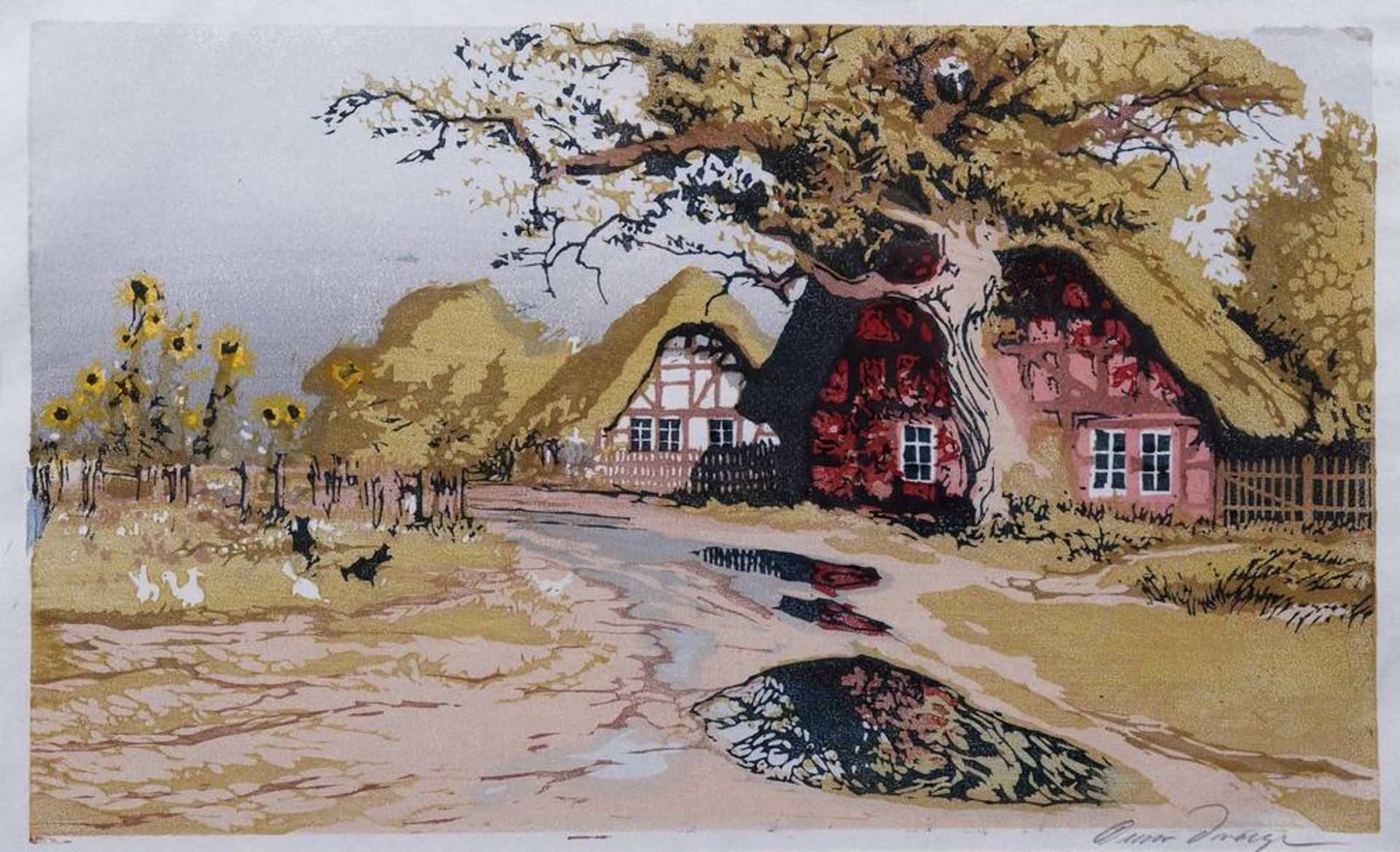 Oscar Droege (1898, Hamburg - 1983 ibid)thatched cottages, woodcut in colours, signed lower left - Bild 2 aus 2