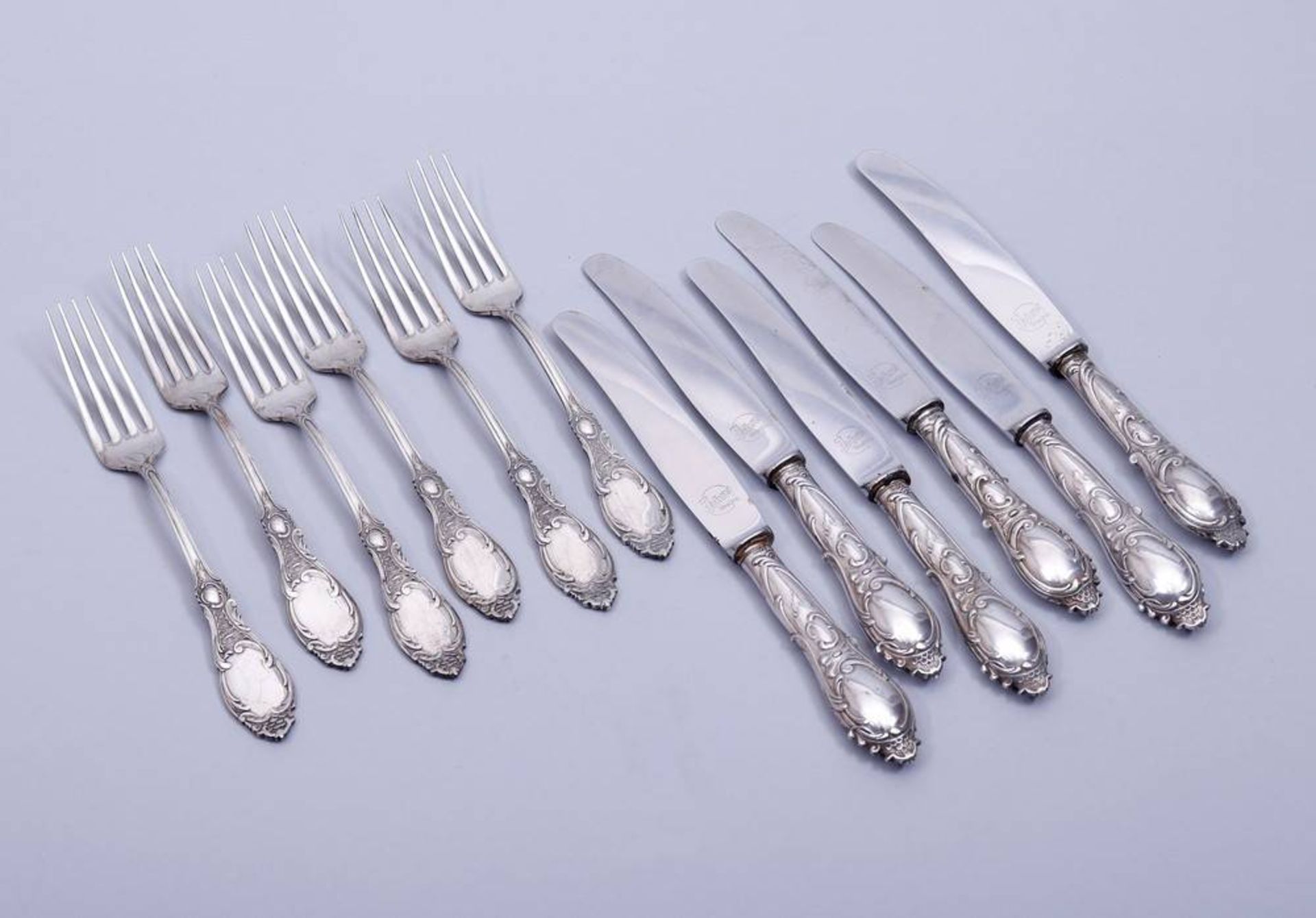 Small Cuttlery-Set silver, 800, german, ca. 1900, 12 pieces, Rocaille decoration, 6 knives and 6