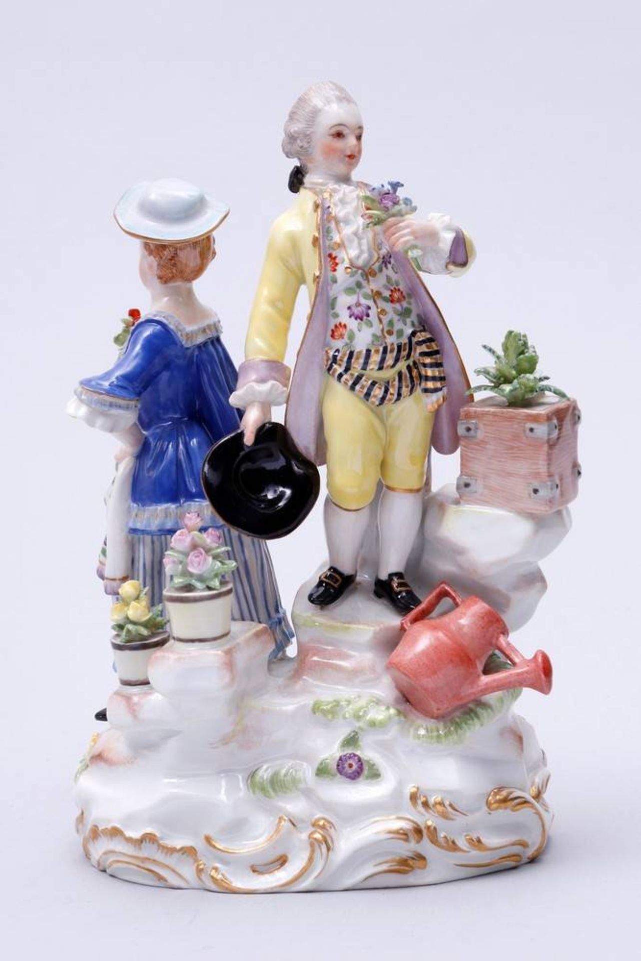 Gardener Group Meissen, 1st half 20th C., design Michel Victor Acier, standing gardeners with flower