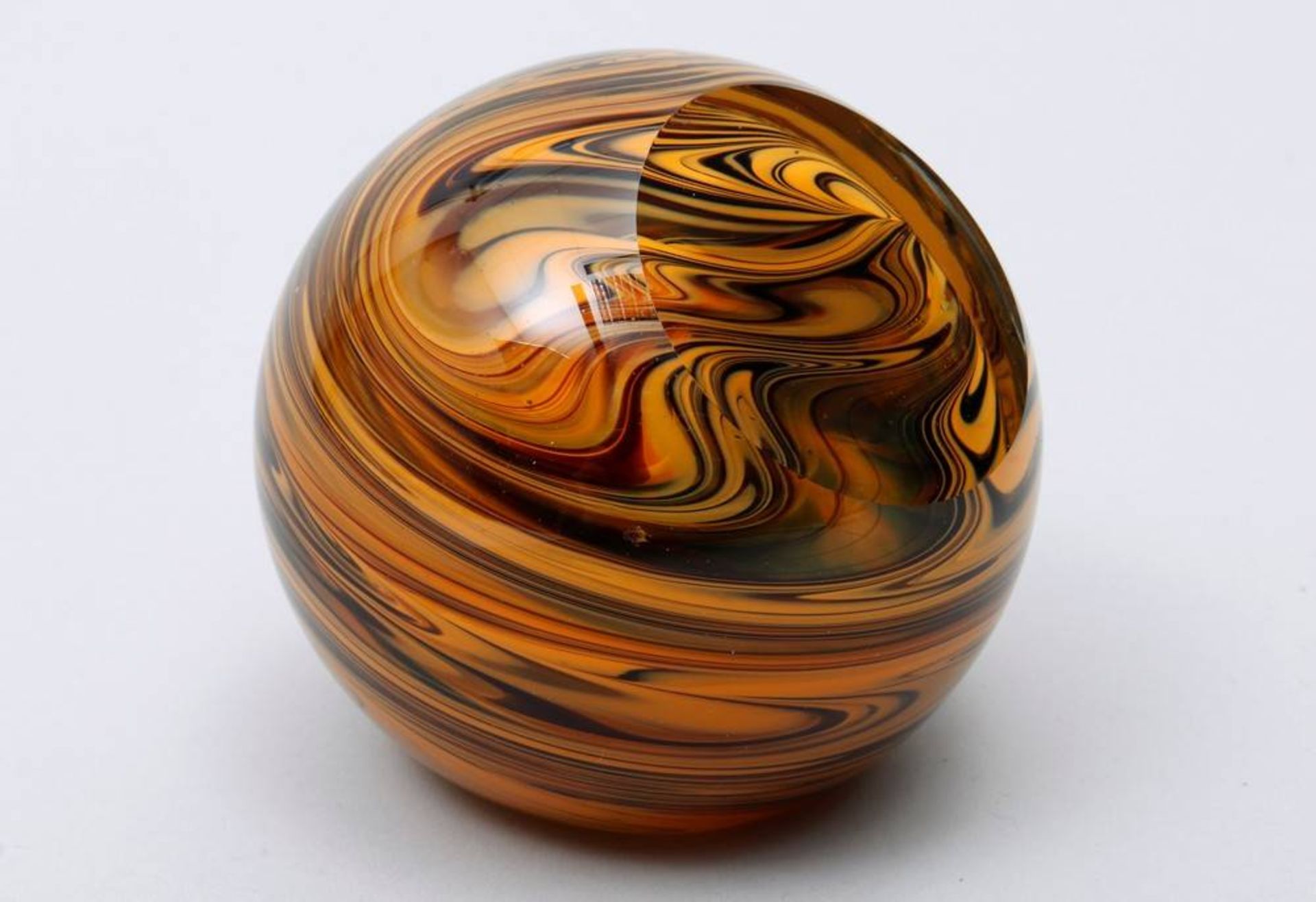 Paperweightca. 1960s, orange and brown inclusions, globe shaped, Heinz Glas - Kleintettau, makers