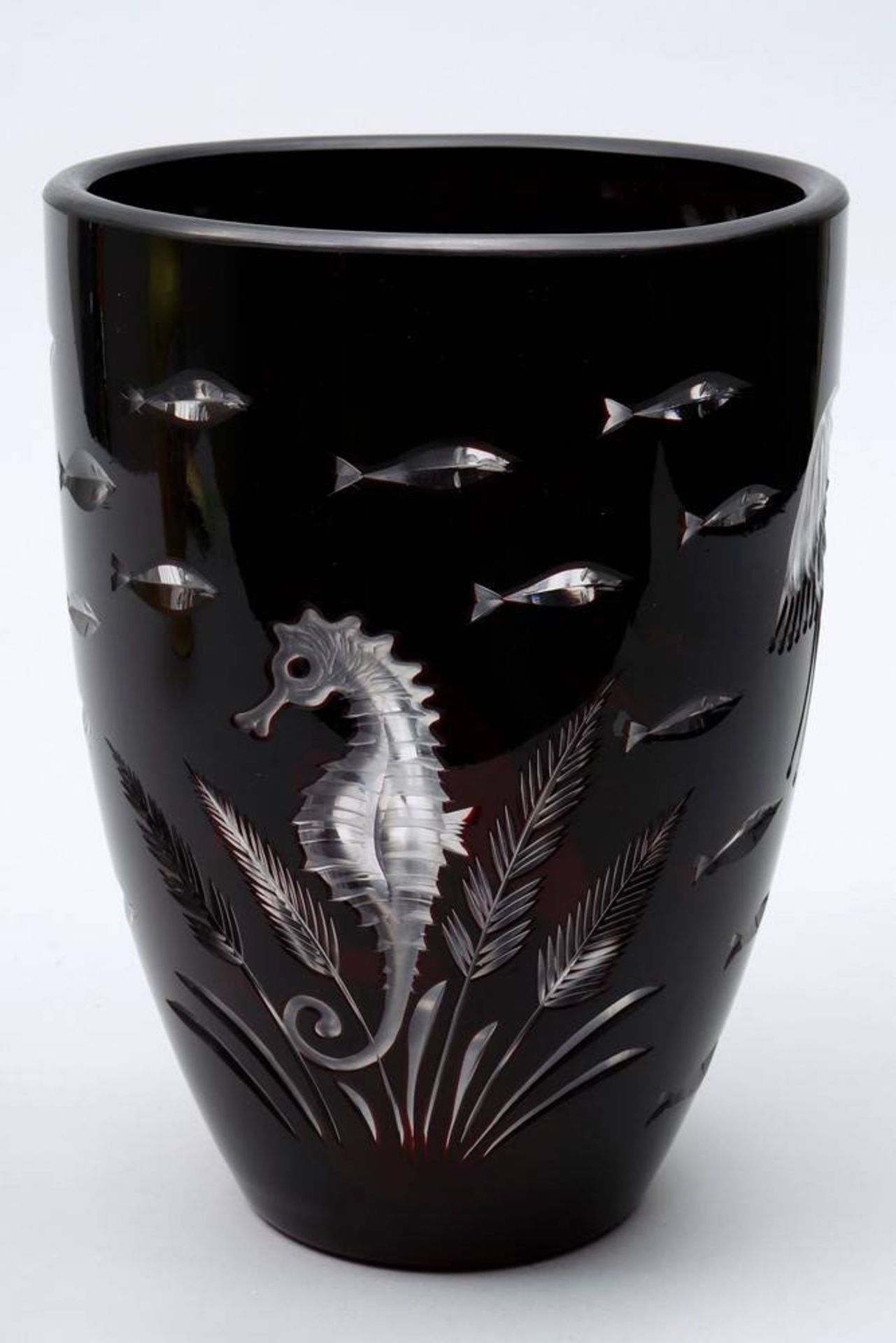 Large Vase Rotter, Lübeck, 20th C., "Unterwasserwelt" (deep sea-decoration), glass, dark red