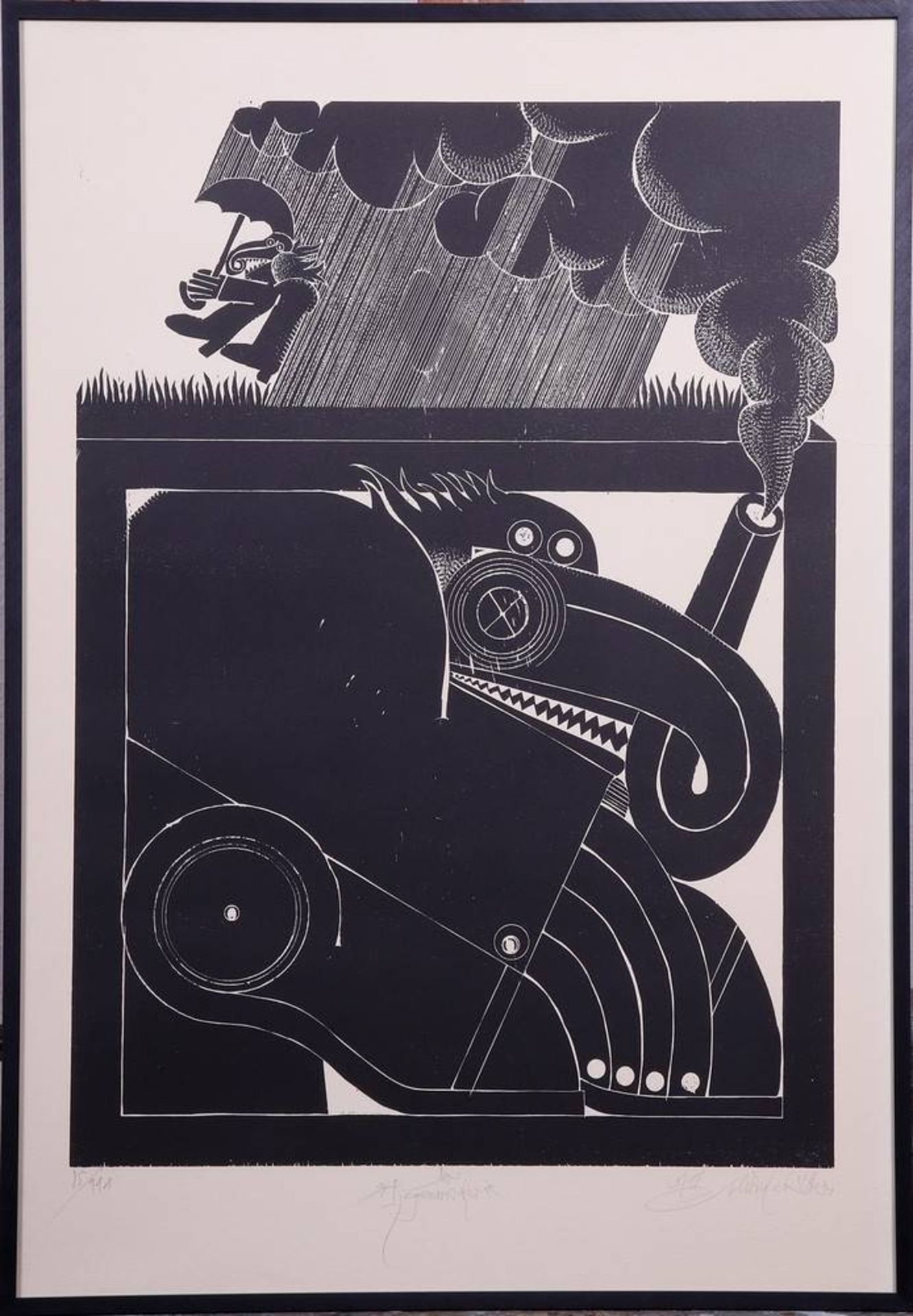 Albert Schindehütte (b. 1939, Kassel)"Der Regenmacher" (the rainmaker), woodcut/paper, signed a.