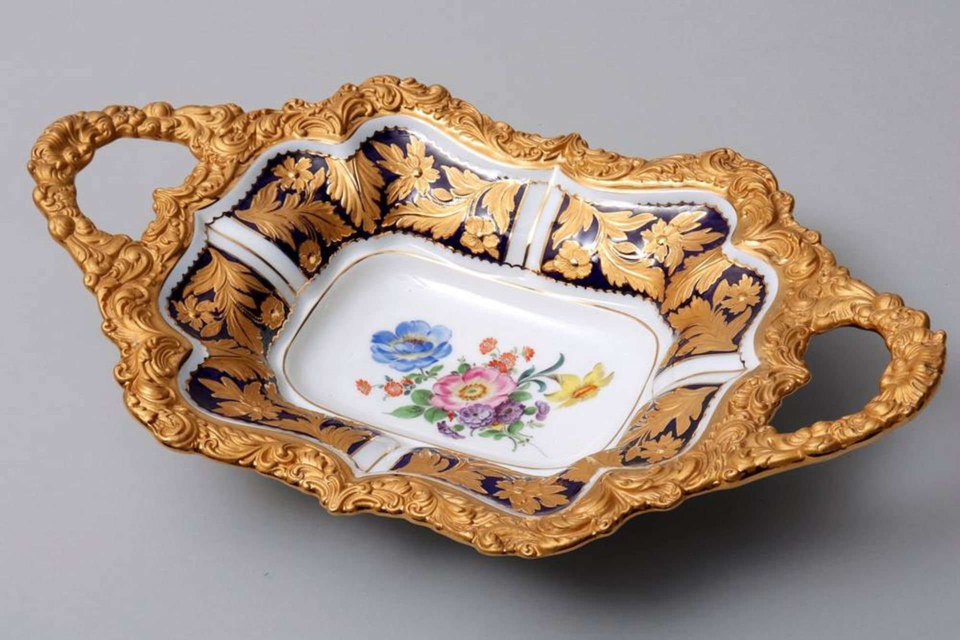 Dish Meissen, 1st half 20th C., floral and gilt decoration, porcelain, painted in colours, cobalt