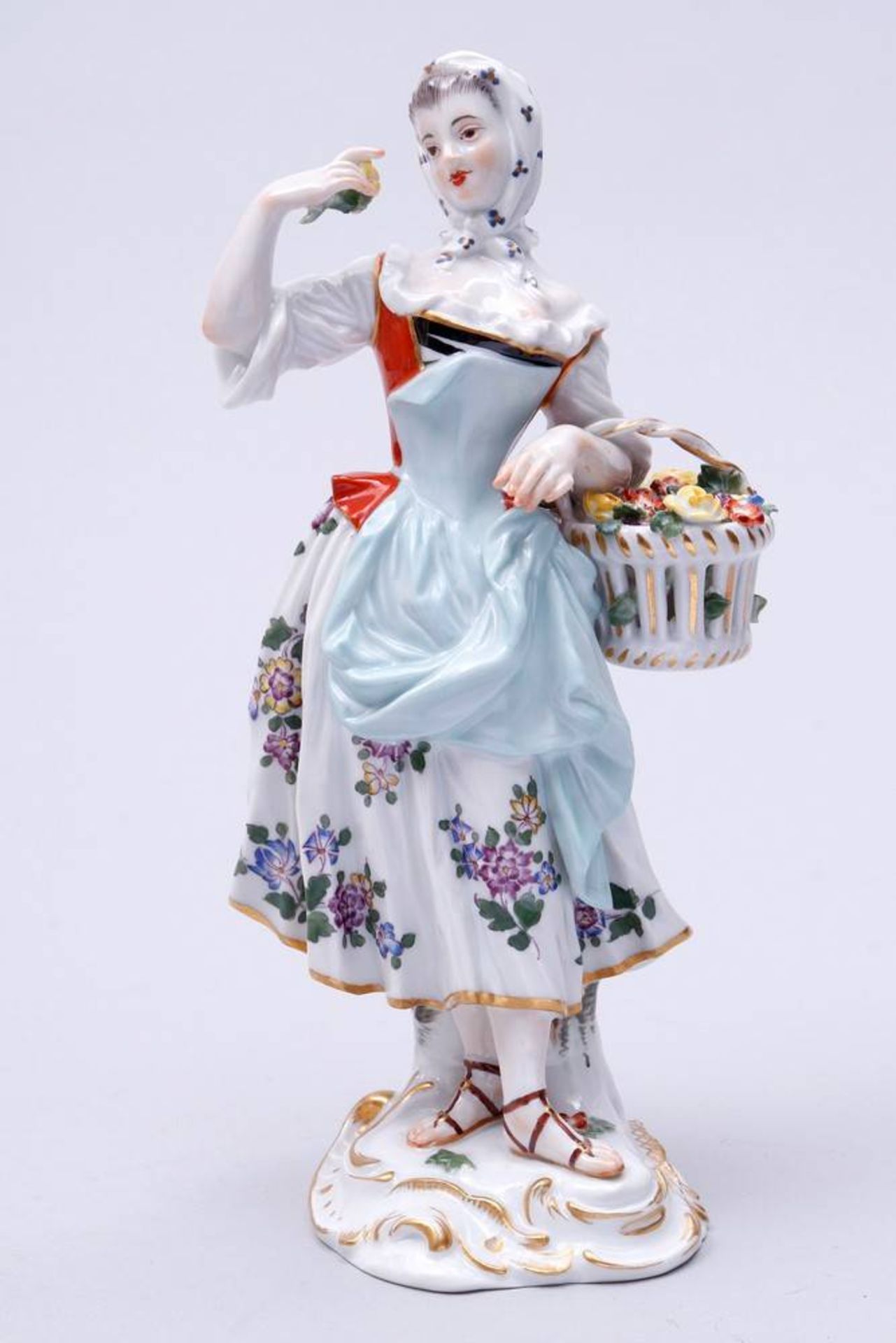 Flower Seller Meissen, 2nd half 20th C., design poss. Friedrich Elias Meyer, standing Lady with