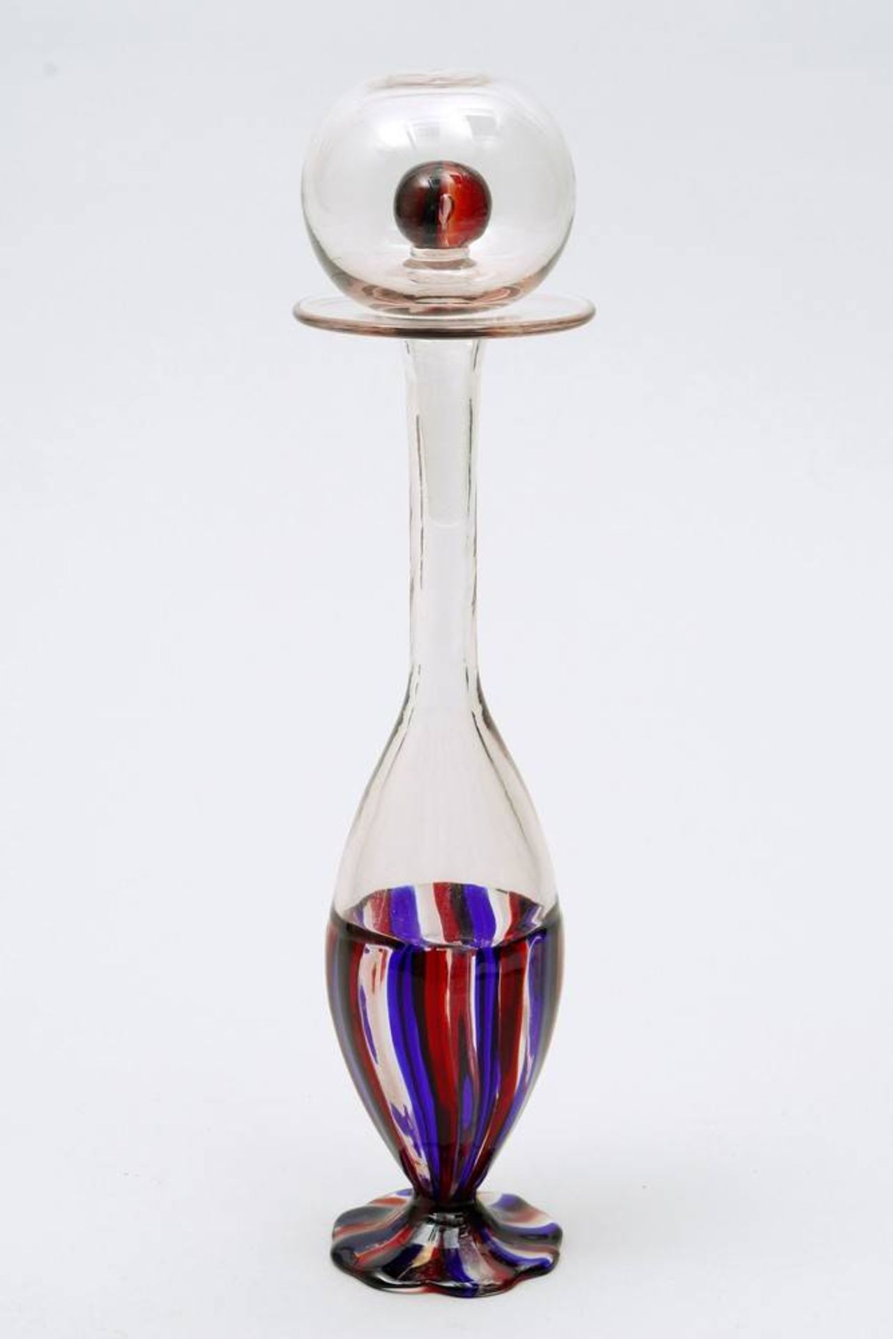 Small Decanter Salviati & Co., Italy, ca. 1960/70, blue, red and clear glass, makers label and