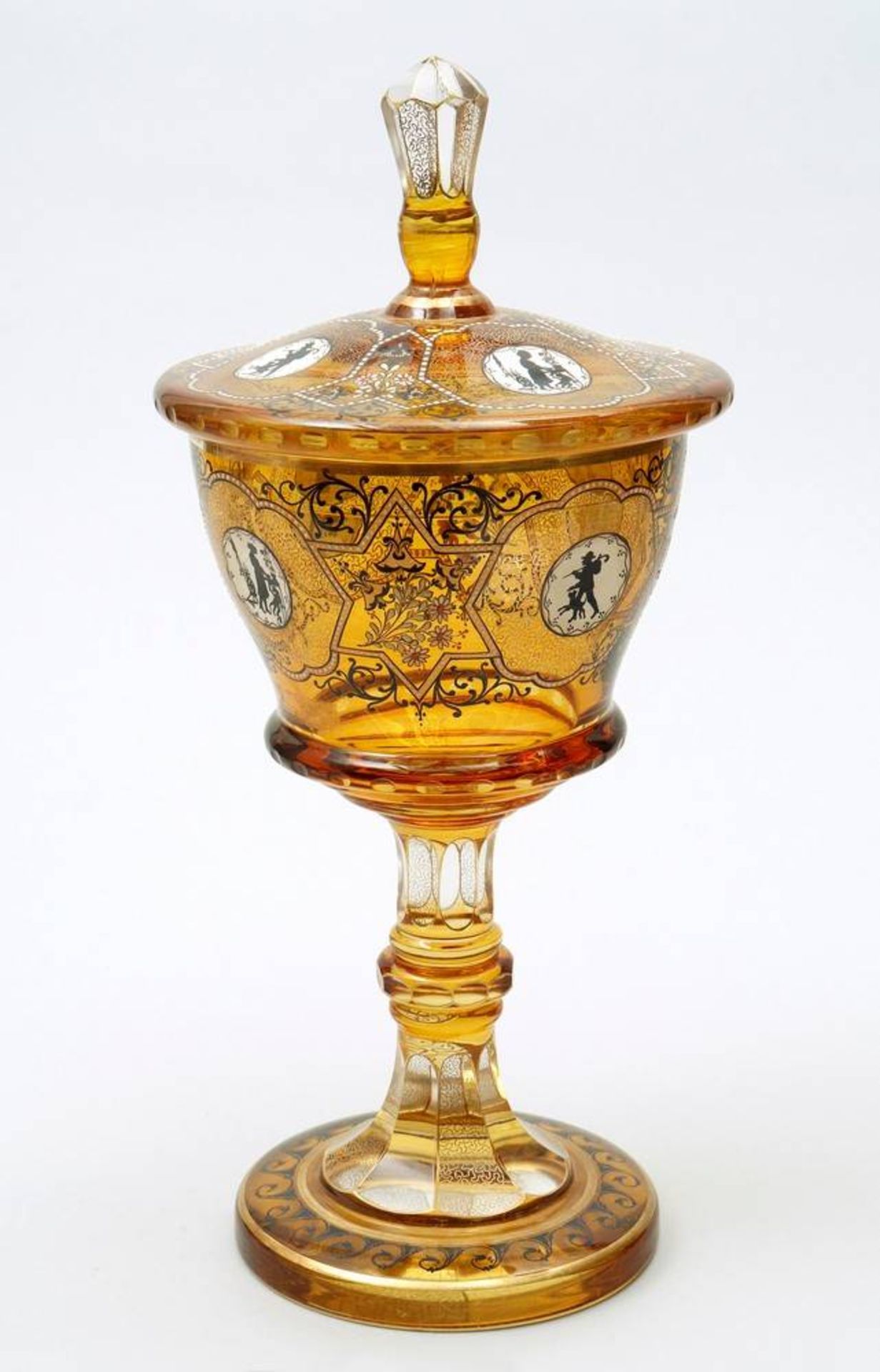 Large Cup and Cover Bohemia, poss. Glasfachschule Steinschönau, 1st half 20th C., glass, amber