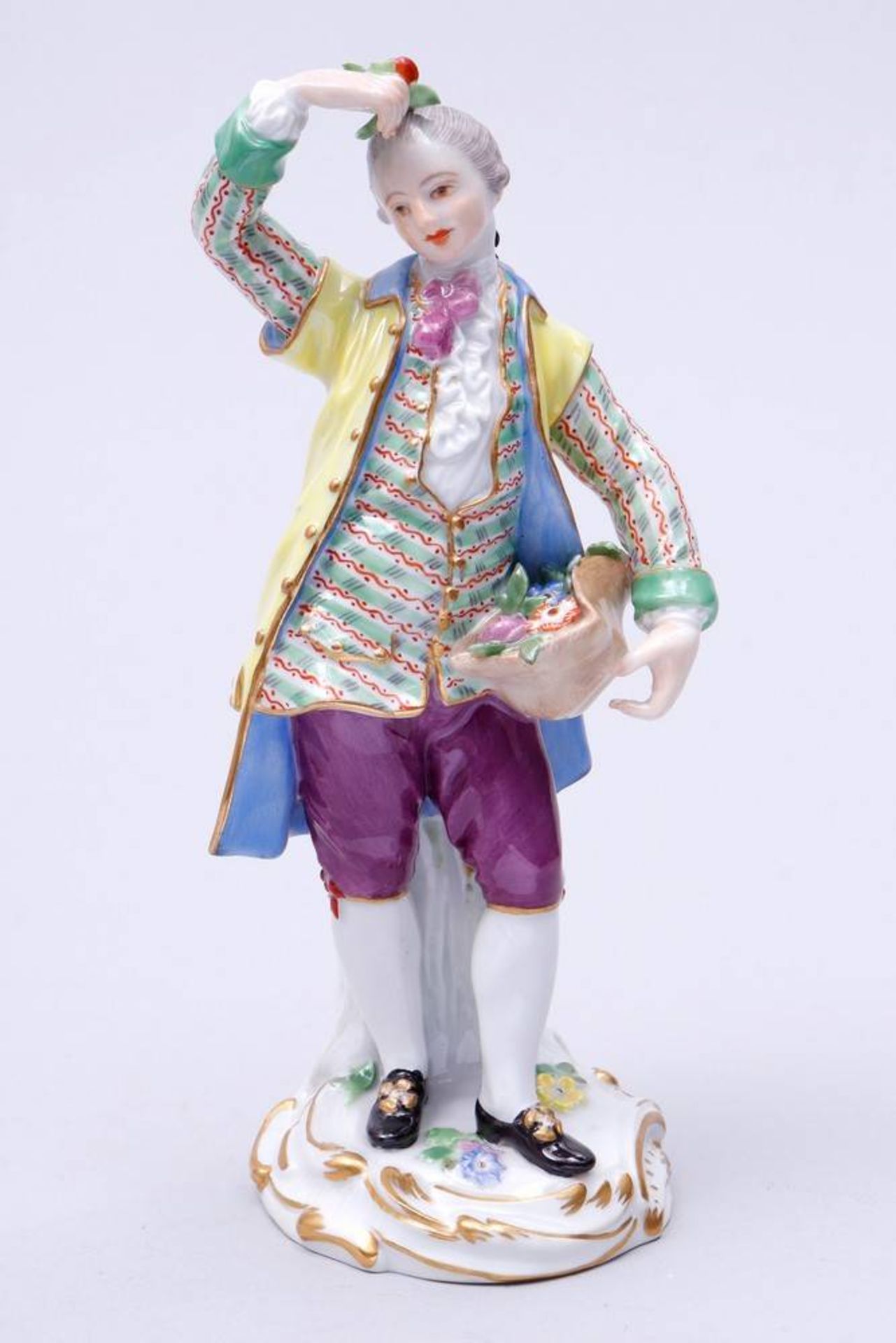 Gardener Meissen, 2nd half 20th C., design Michel Victor Acier, standing man, holding a hat with