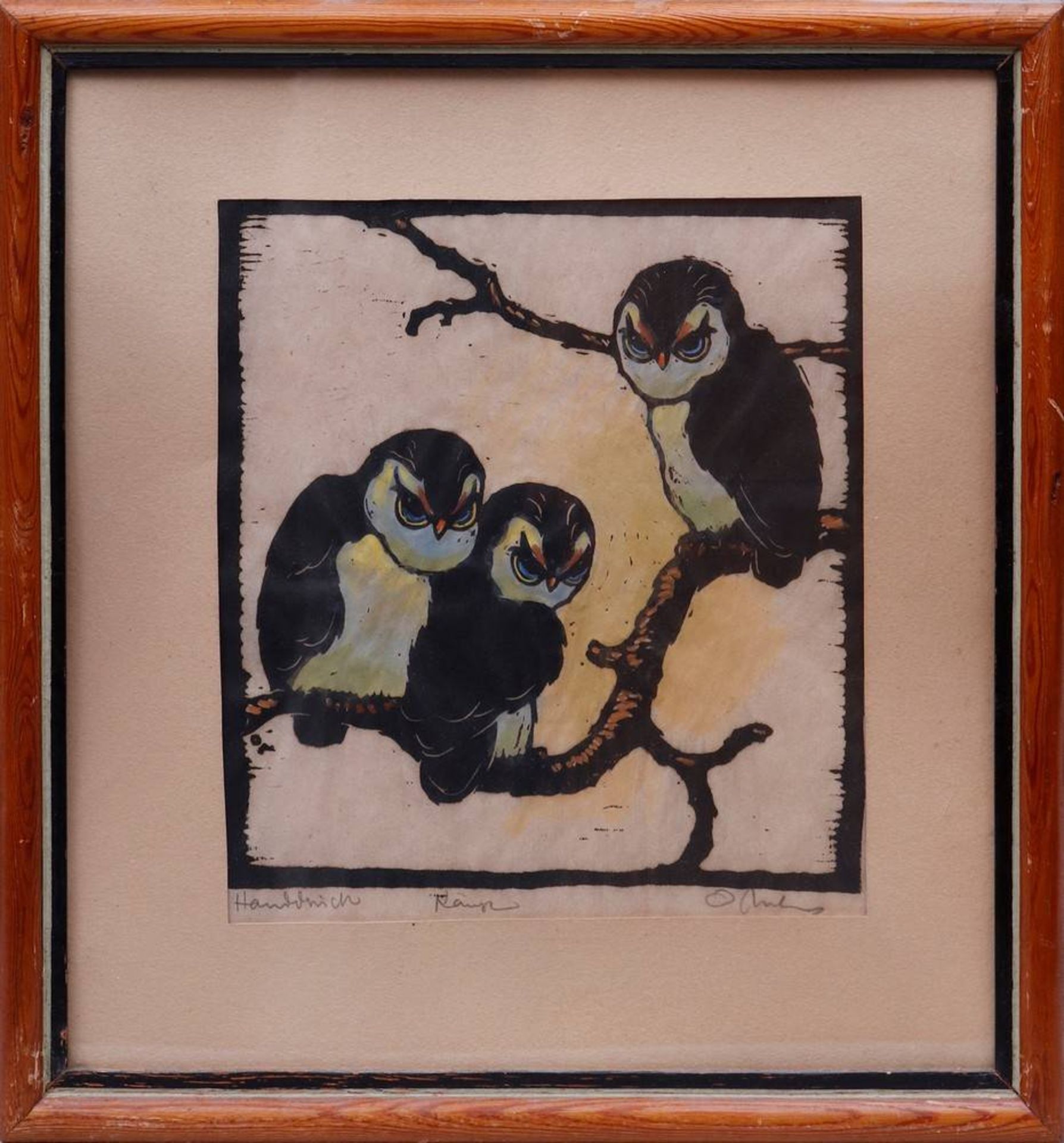 4 woodcuts variousUnkown artist, each signed lower right., 1x titled "Käuze" (three owls on a tree - Bild 9 aus 9