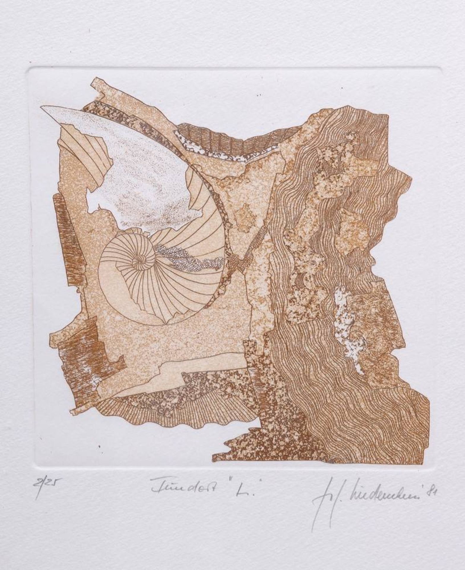 Jo J. Lindemann"Fundort" (ammonite), 1981, colour etching, signed in pencil lower right, Ex. 2/25, - Bild 2 aus 2