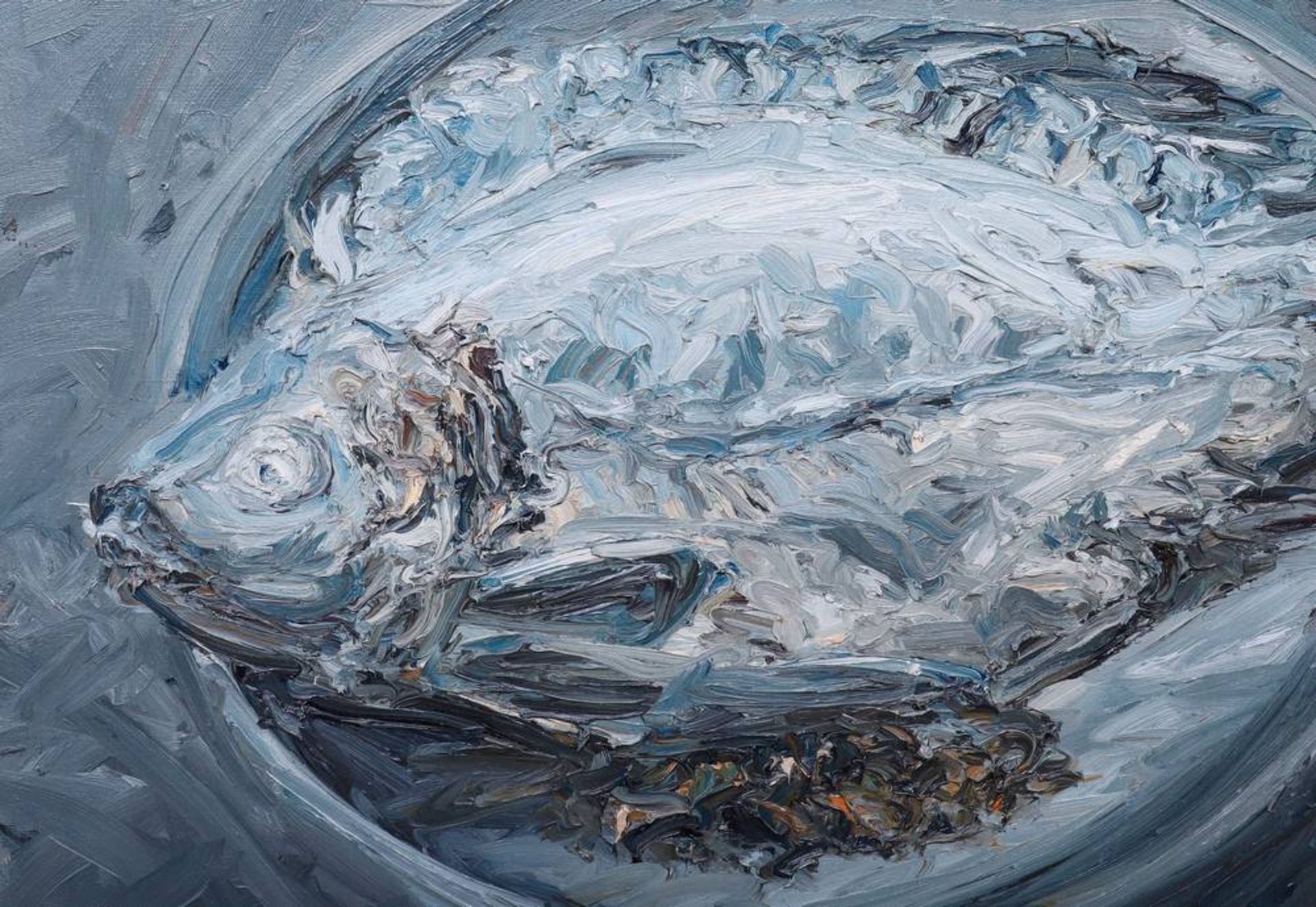 Ralph Fleck (b. 1951, Freiburg i. Br.)"Karpfen blau gefüllt" (carp, filled blue), 1983, oil/ - Bild 2 aus 4