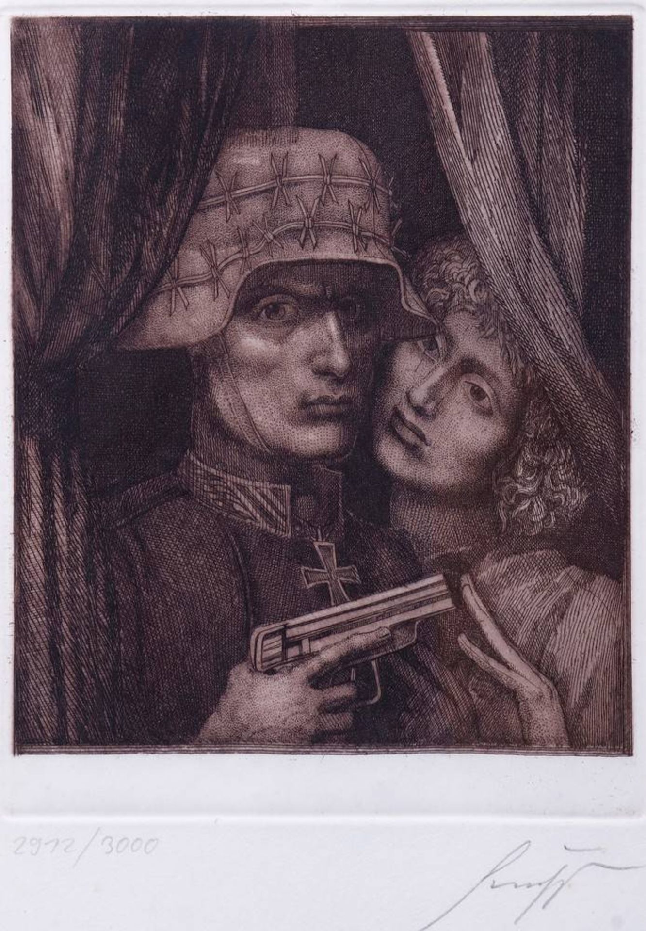 Ernst Fuchs (1930. Vienna - 2015, ibid)"Der Soldat und sein Engel" (soldier and his angel), Sepia - Bild 2 aus 2