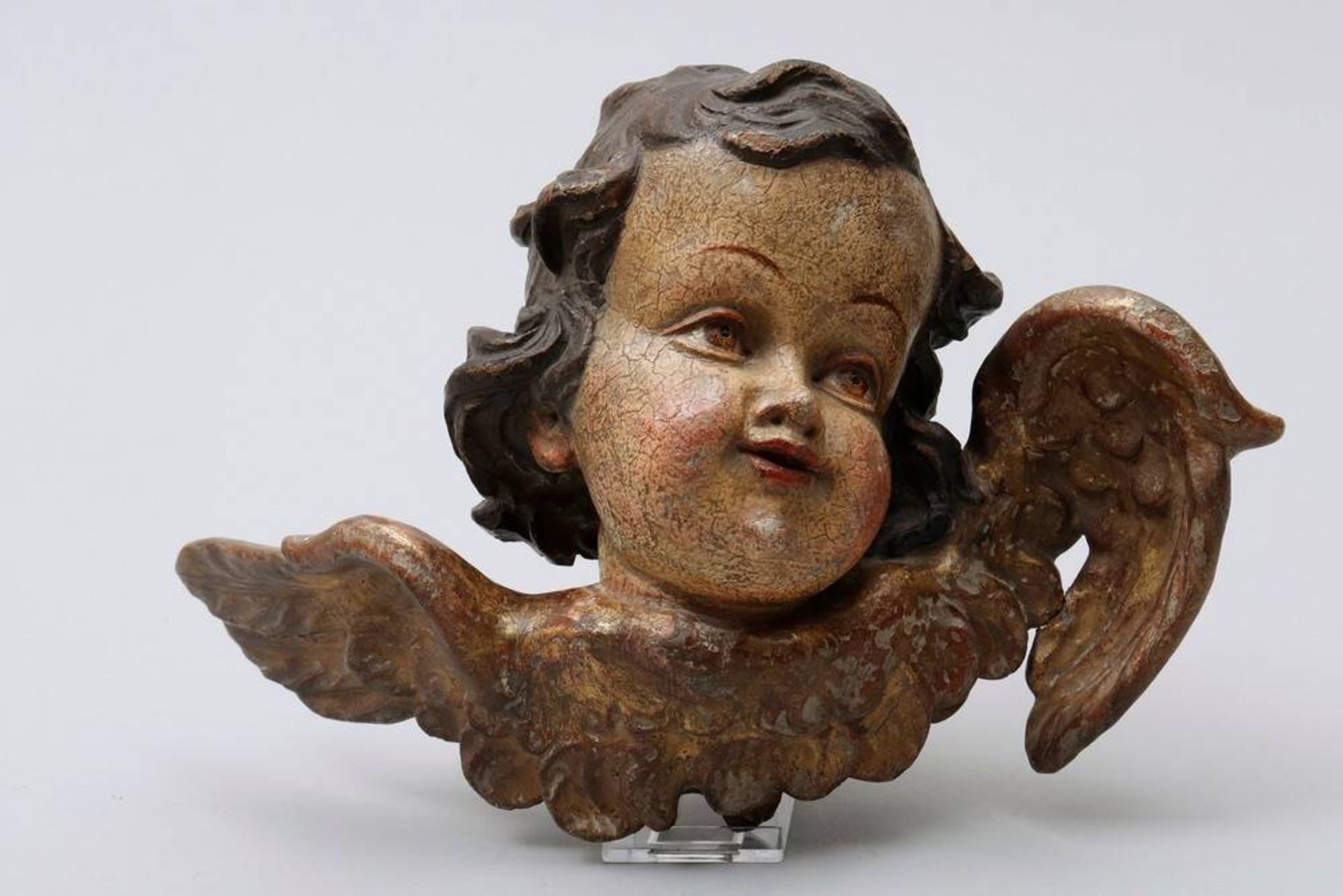 2 figural carvingssouth german, 20th C., pair of winged cherubs heads, carved wood, painted in - Bild 5 aus 7