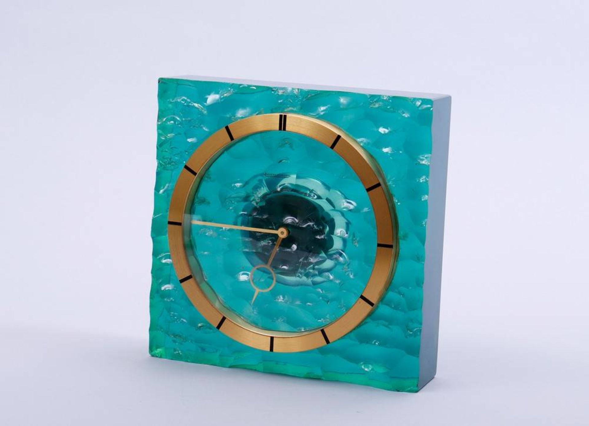 Table clock Jaeger LeCoultre, 1970s, model "Quader de Acryl", 8 day movement, green pespex case,