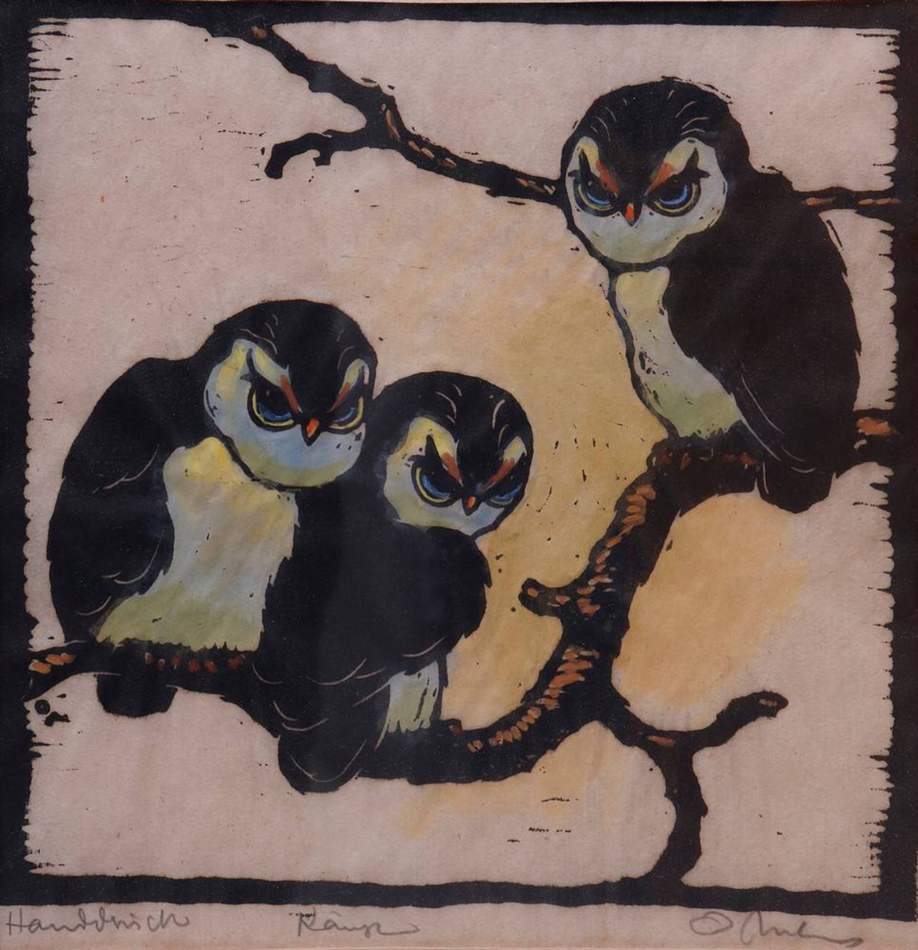 4 woodcuts variousUnkown artist, each signed lower right., 1x titled "Käuze" (three owls on a tree - Bild 5 aus 9