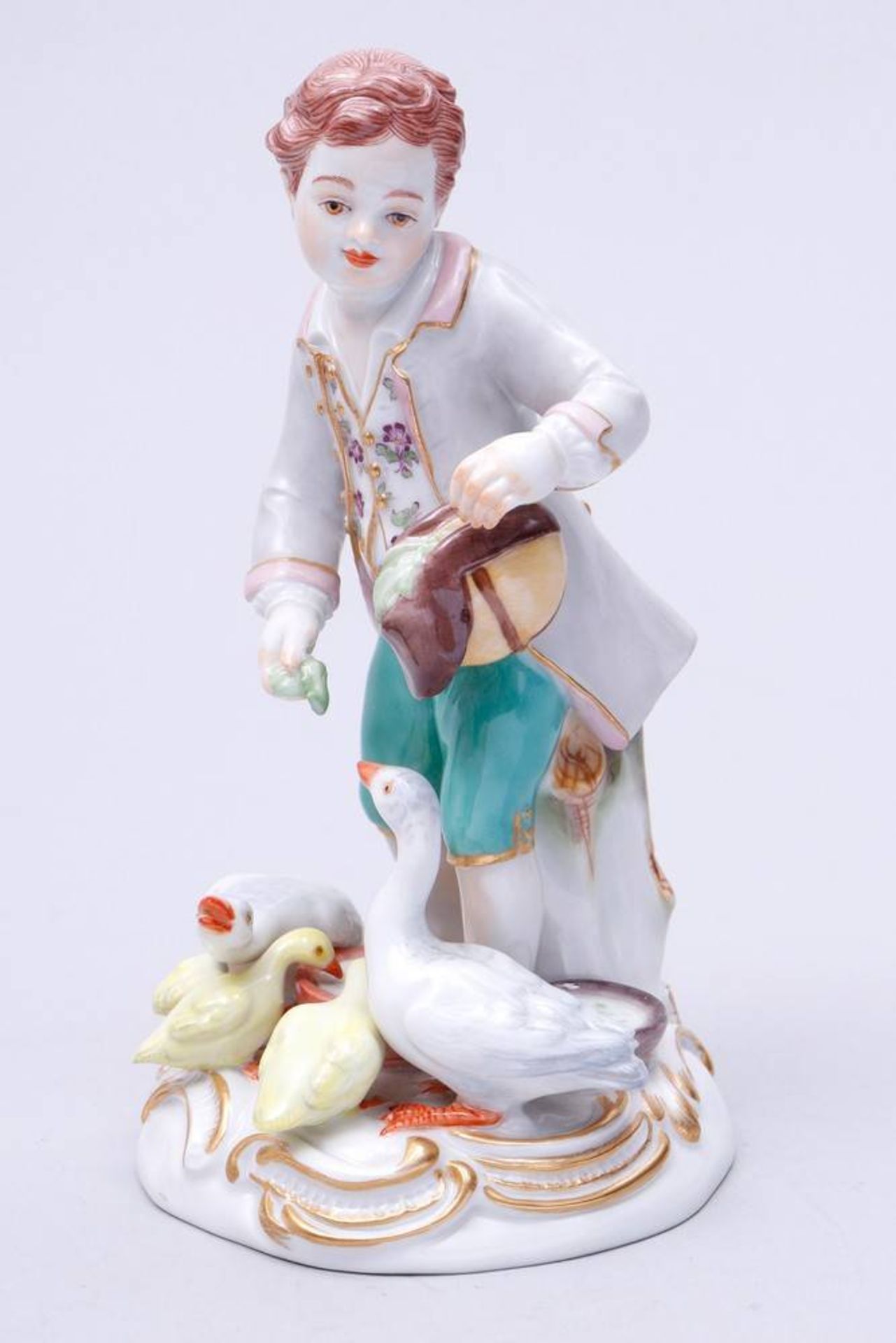 Boy with Geese Meissen, 2nd half 20th C., design Johann Joachm Kaendeler, standing boy, feeding 4