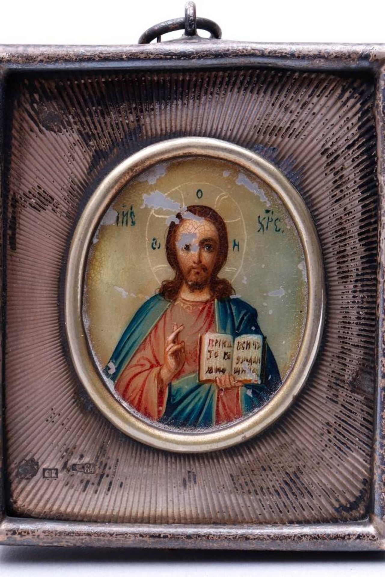 2 Miniature-Icons with OkladChristus Pantokrator, painted on mother of pearl/lead, silver 84 - Bild 2 aus 6