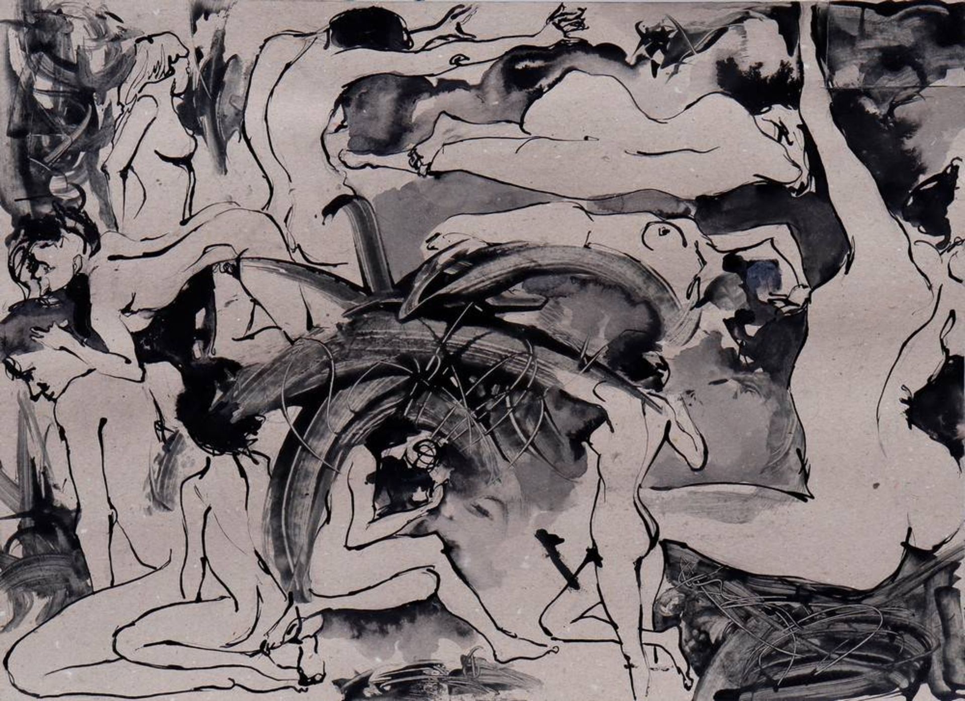 J. Theefemale nudes, verso titled "8. Rebound", ink drawing, verso signed "JThee" lower right, sheet